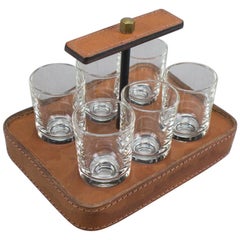 Stitched Adnet Attributed Table Leather Schnapps Glass Holder, France, 1960s