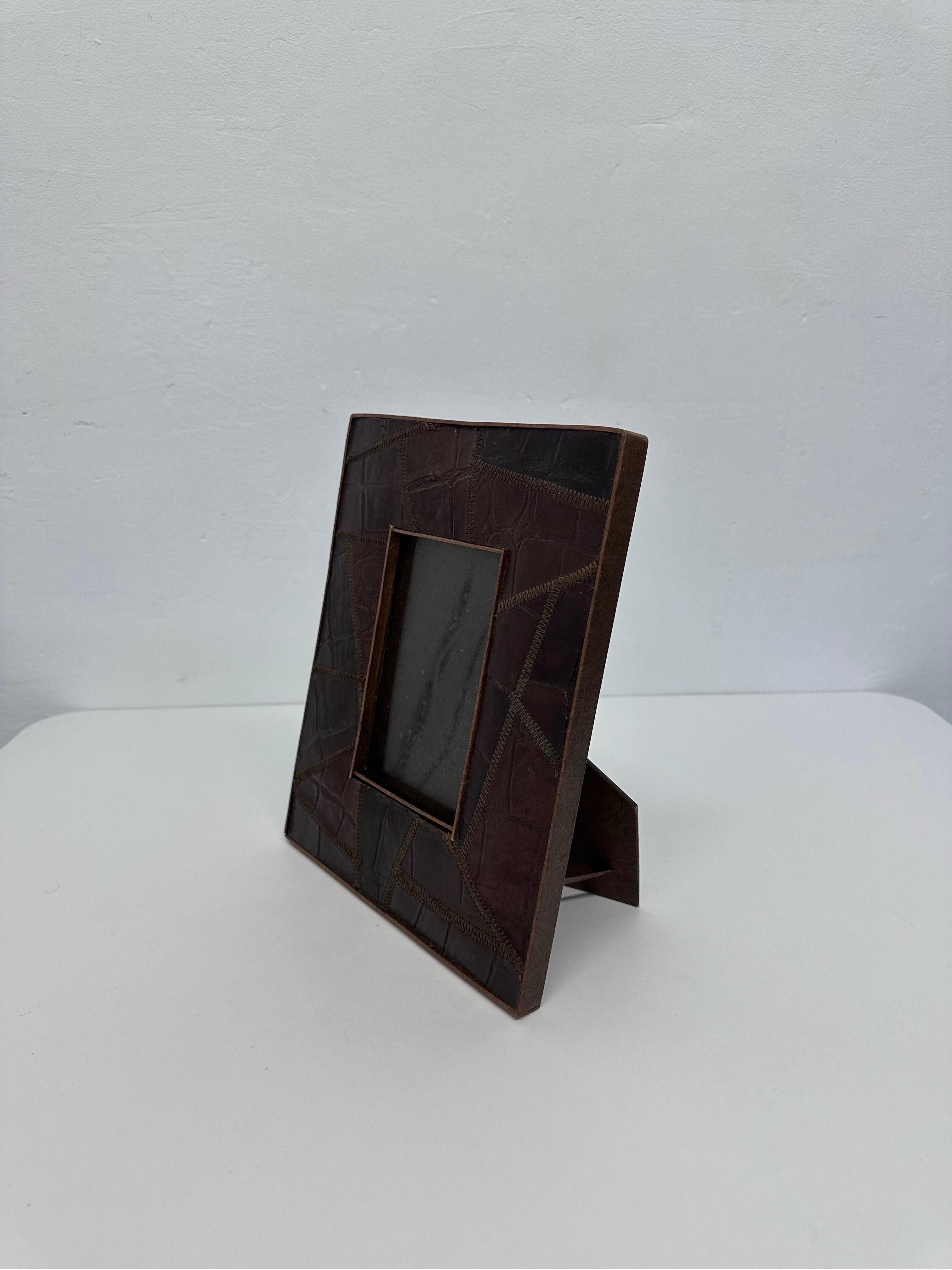 Organic Modern Stitched and Embossed Leather Photo Frame by Palecek For Sale