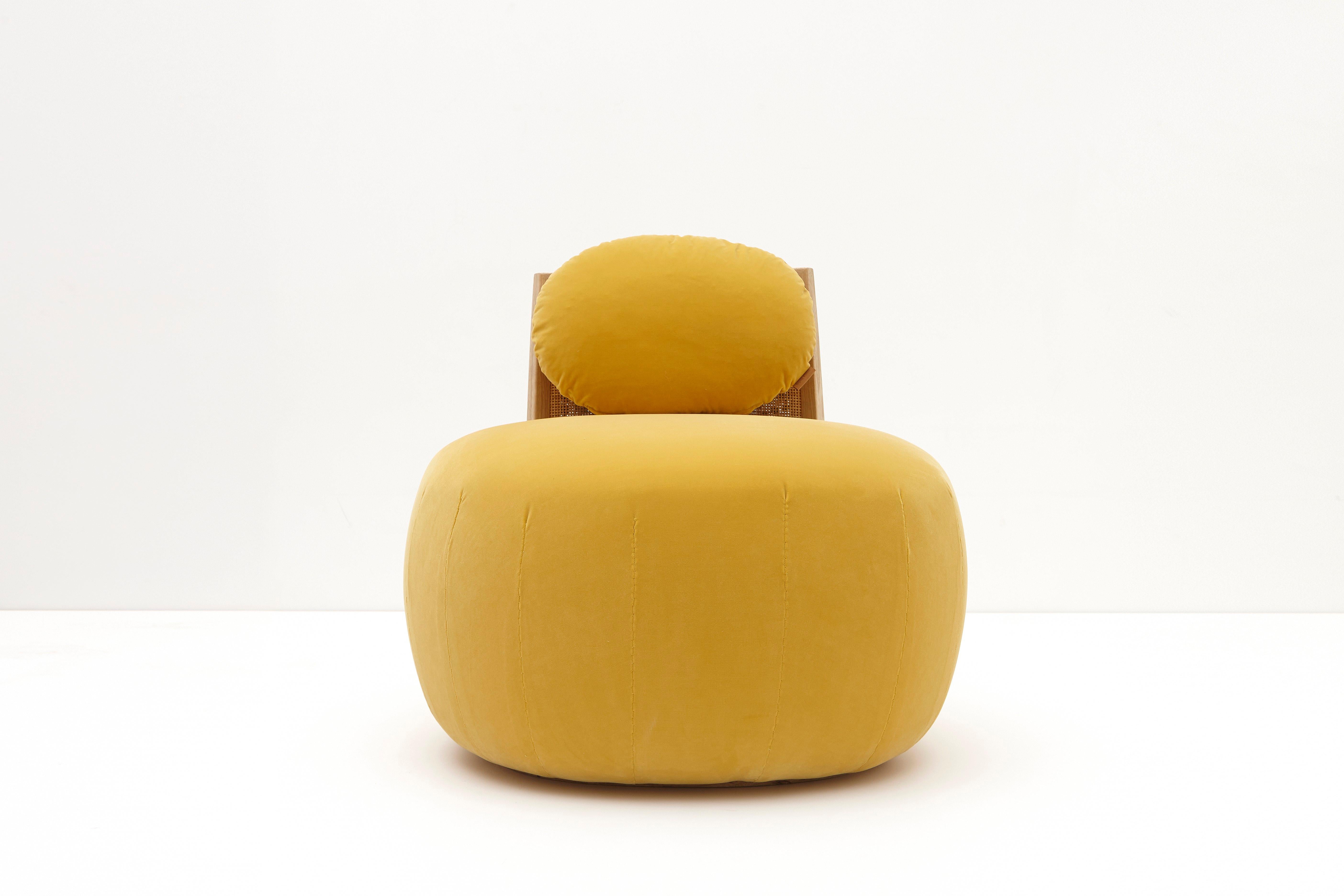This unique piece is part of the 'Stitched Horizons’ collection of five pebble chairs designed by much-acclaimed designer in the Near and Middle East Nada Debs, renowned for cleverly distilling culture and craftsmanship in works imbued with