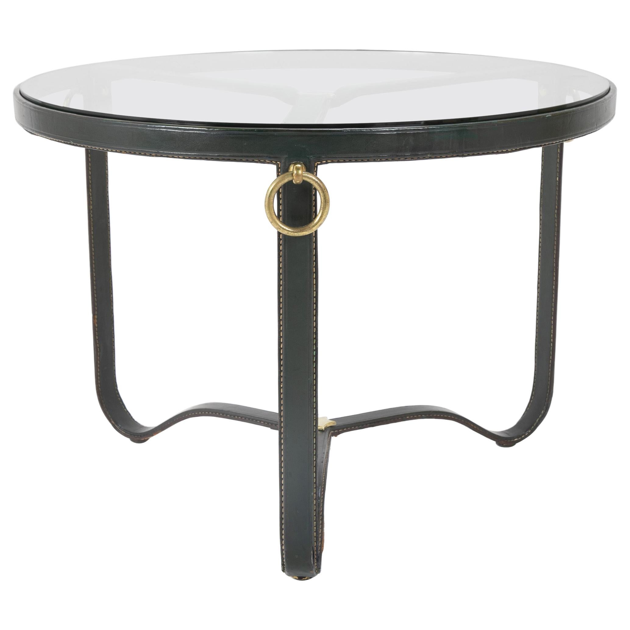 Stitched Leather and Brass Coffee Table Designed by Jacque Adnet