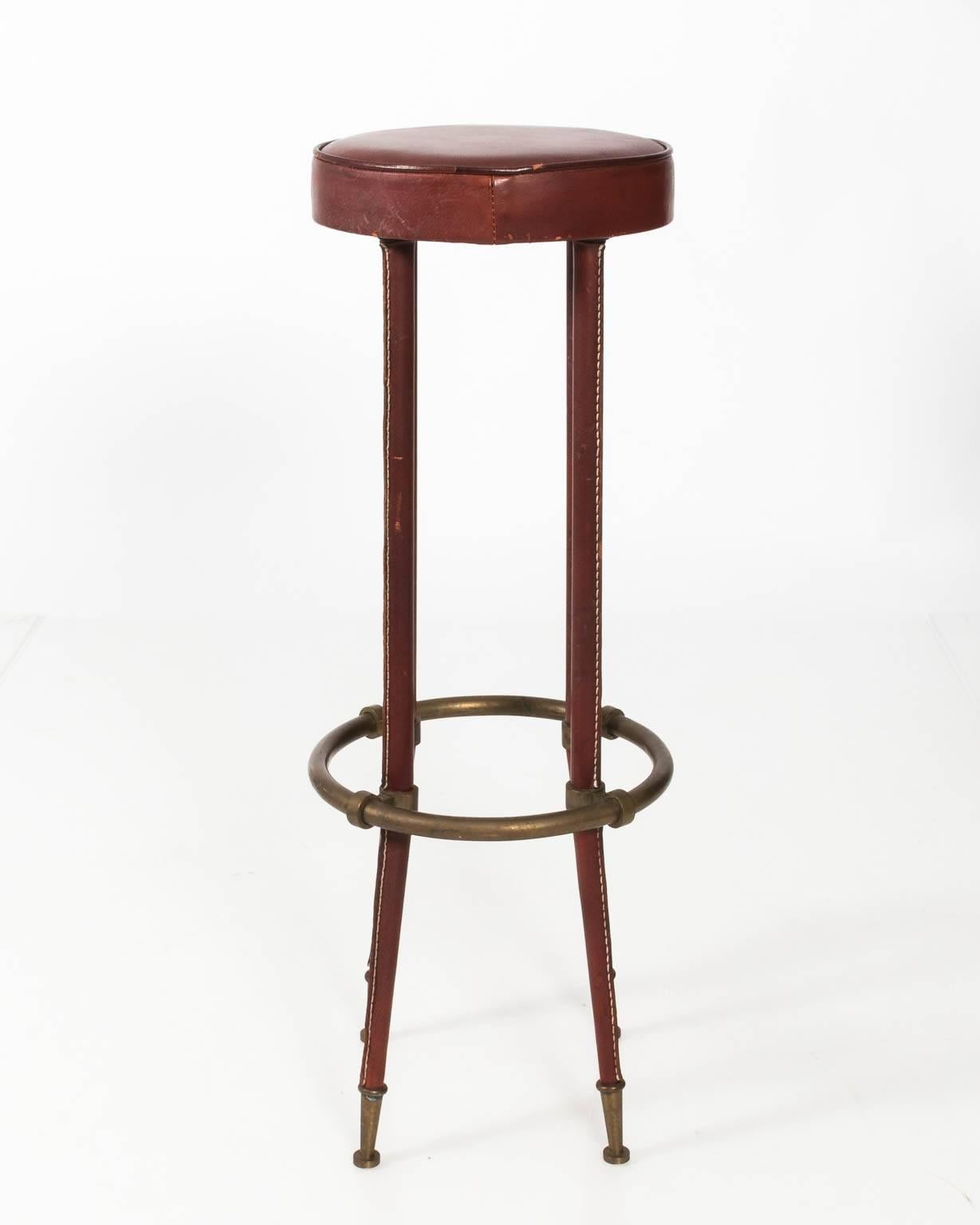 Stitched Leather and Brass Stool by Jacques Adnet For Sale 6