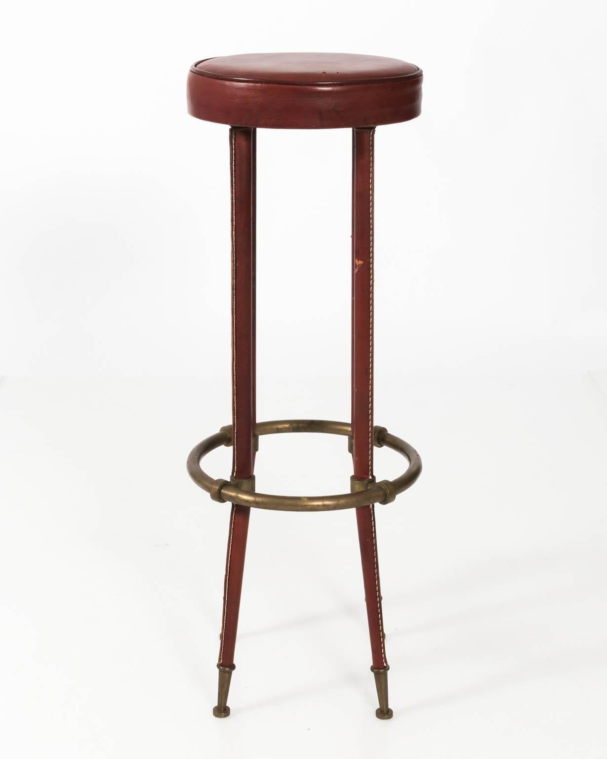 Stitched Leather and Brass Stool by Jacques Adnet For Sale 10