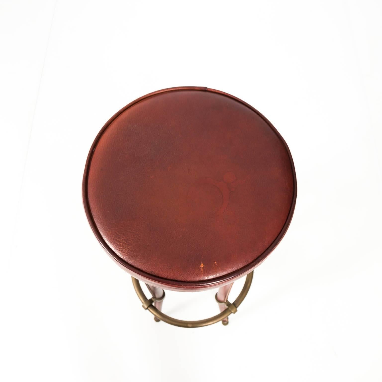 Stitched Leather and Brass Stool by Jacques Adnet For Sale 12