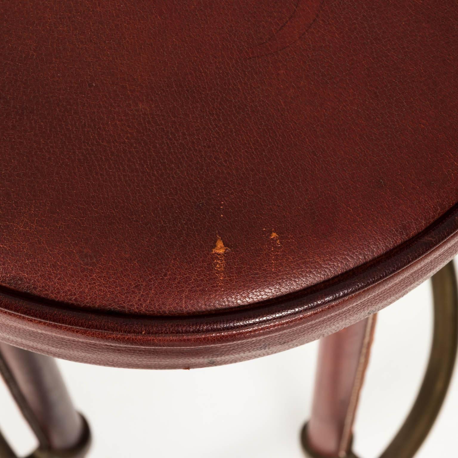 Stitched Leather and Brass Stool by Jacques Adnet For Sale 13