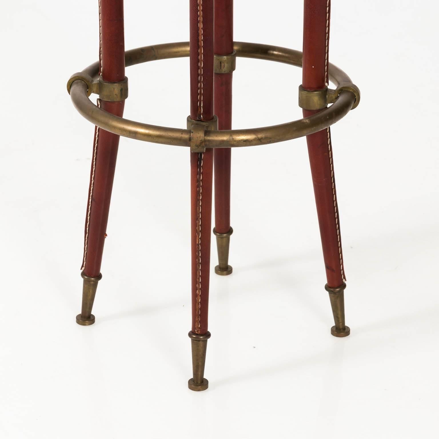 Stitched Leather and Brass Stool by Jacques Adnet For Sale 15