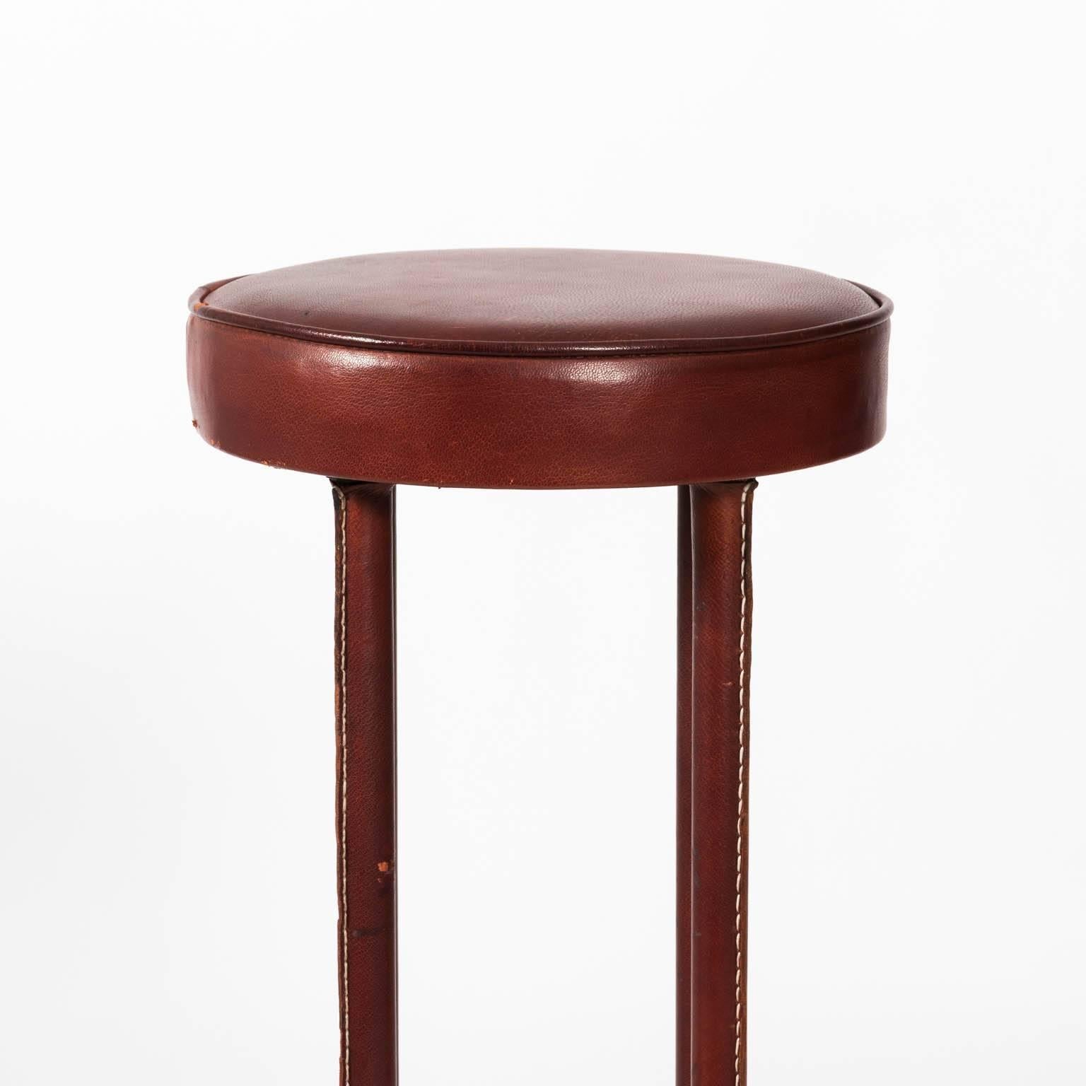 Stitched Leather and Brass Stool by Jacques Adnet In Good Condition For Sale In Stamford, CT