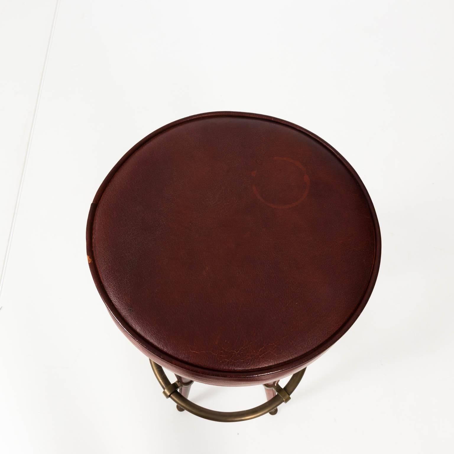 20th Century Stitched Leather and Brass Stool by Jacques Adnet For Sale
