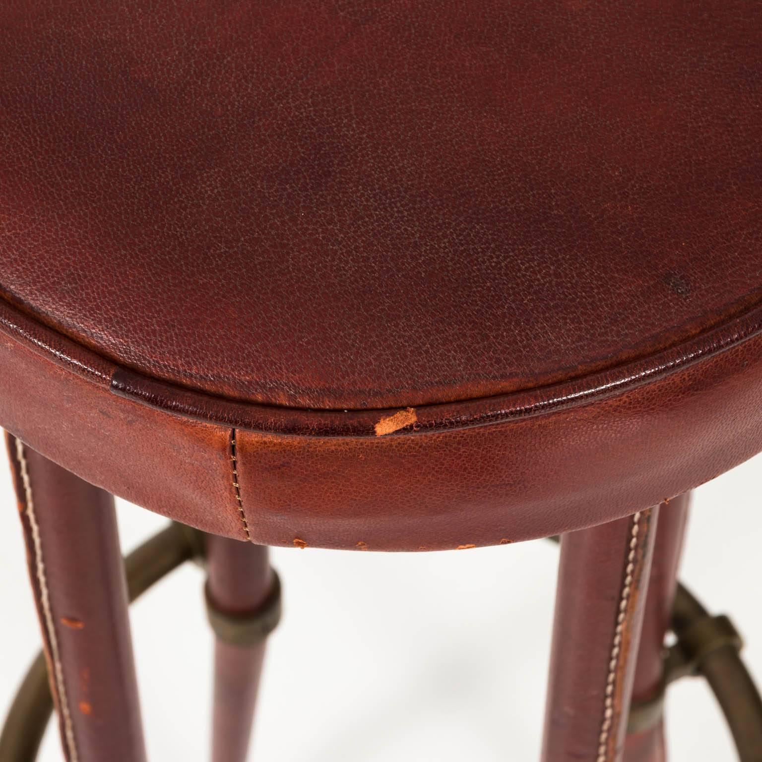 Stitched Leather and Brass Stool by Jacques Adnet For Sale 2