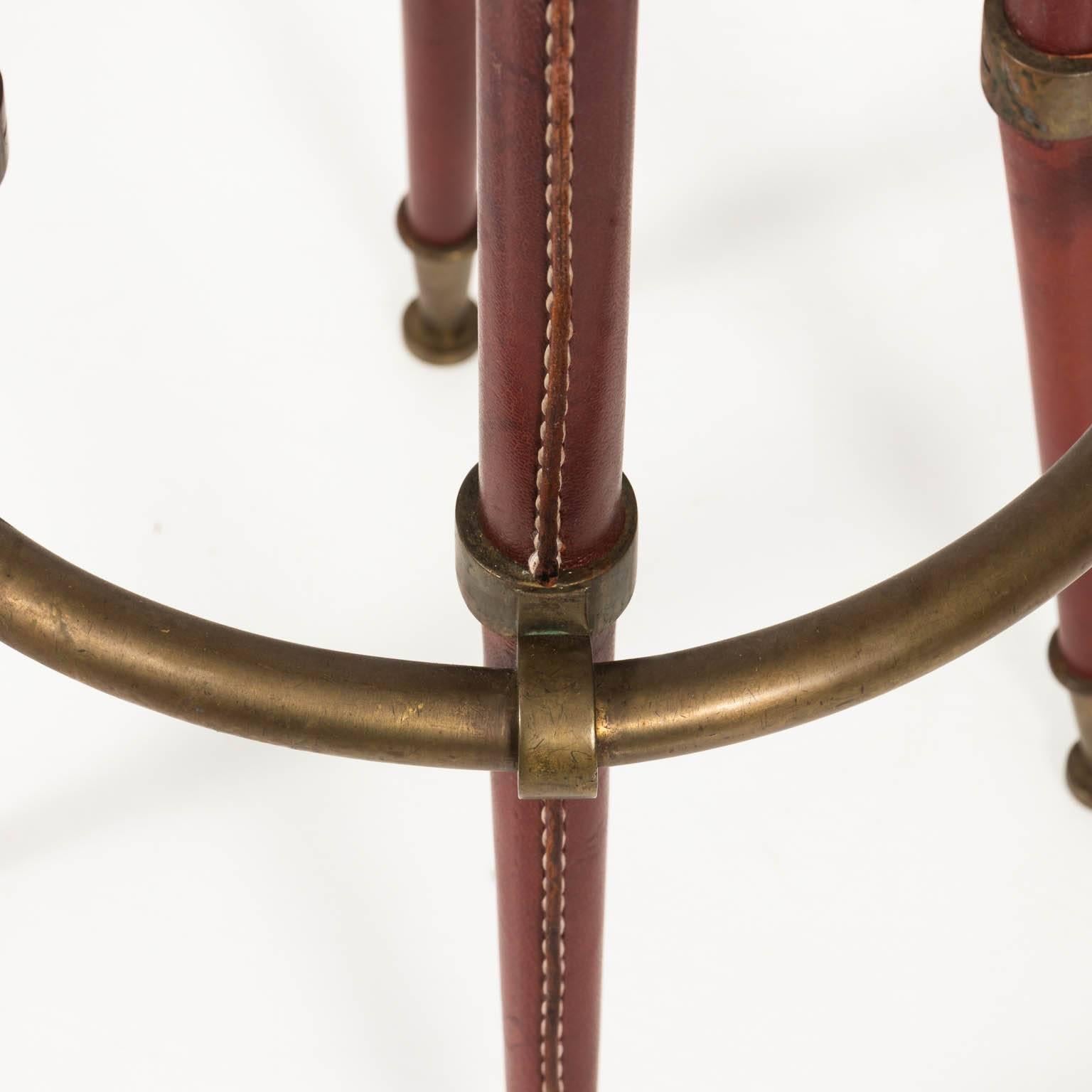 Stitched Leather and Brass Stool by Jacques Adnet For Sale 3