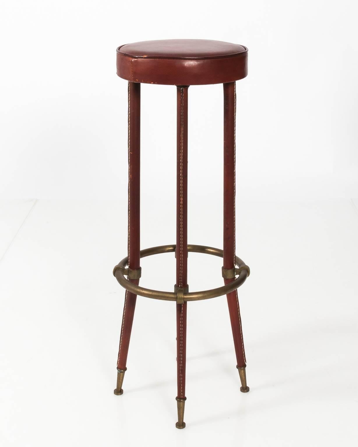 Stitched Leather and Brass Stool by Jacques Adnet For Sale 5