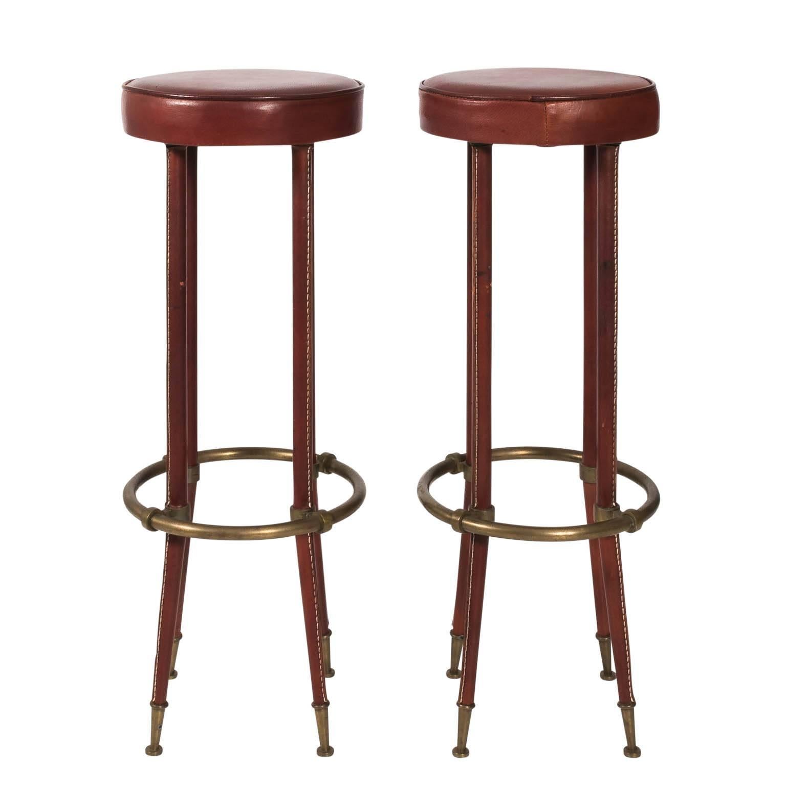 Stitched Leather and Brass Stool by Jacques Adnet For Sale