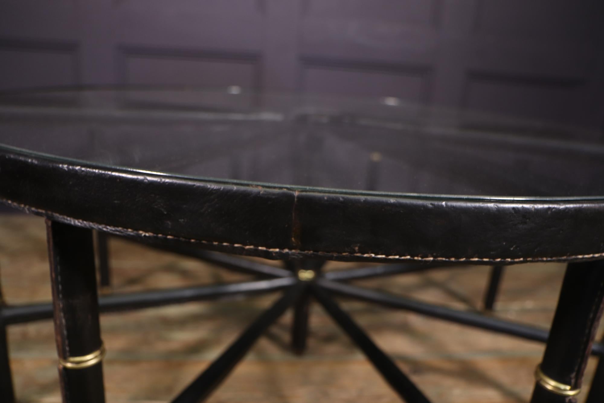 Stitched Leather and Brass Table by Jacques Adnet For Sale 5
