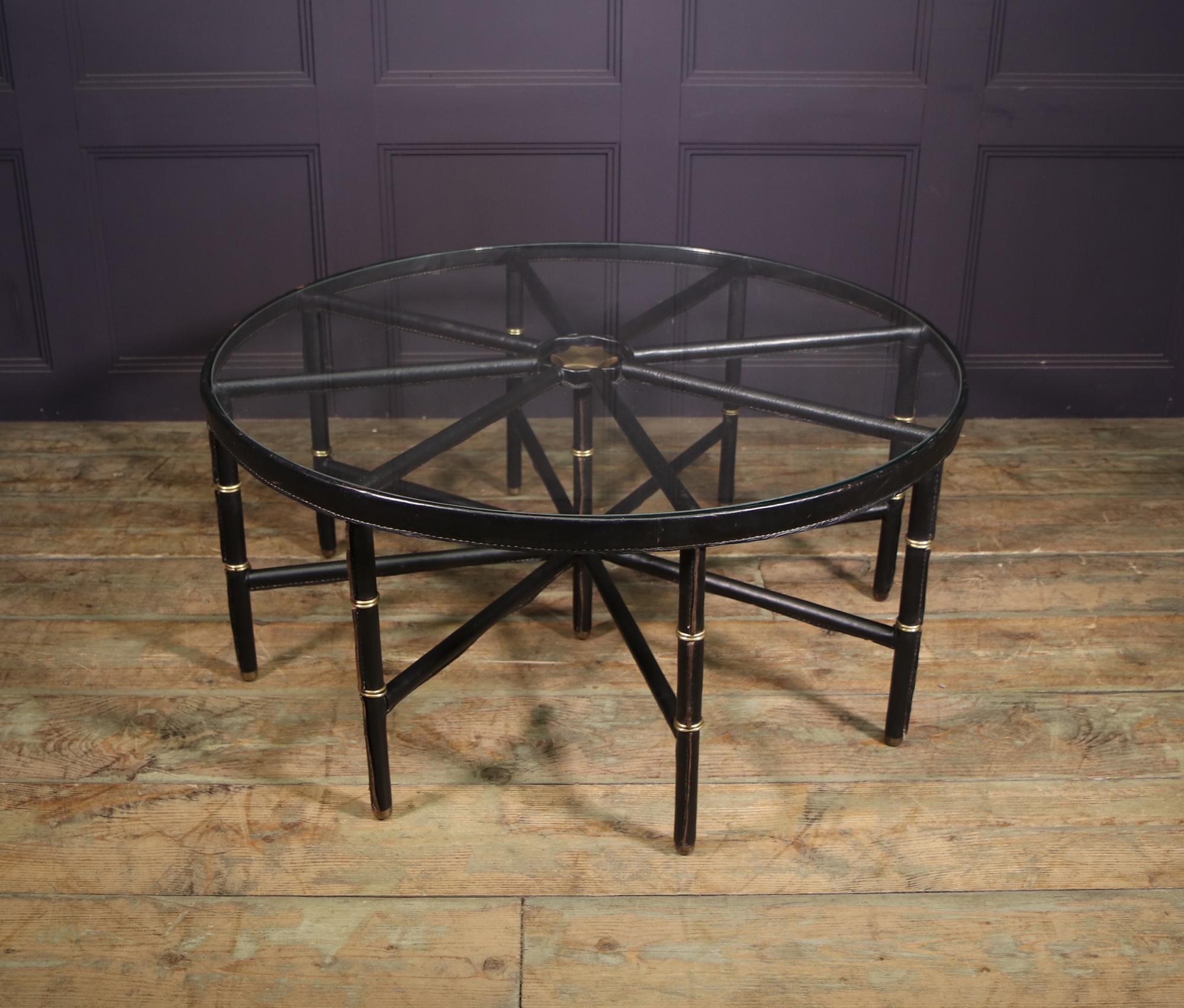Stitched Leather and Brass Table by Jacques Adnet For Sale 7