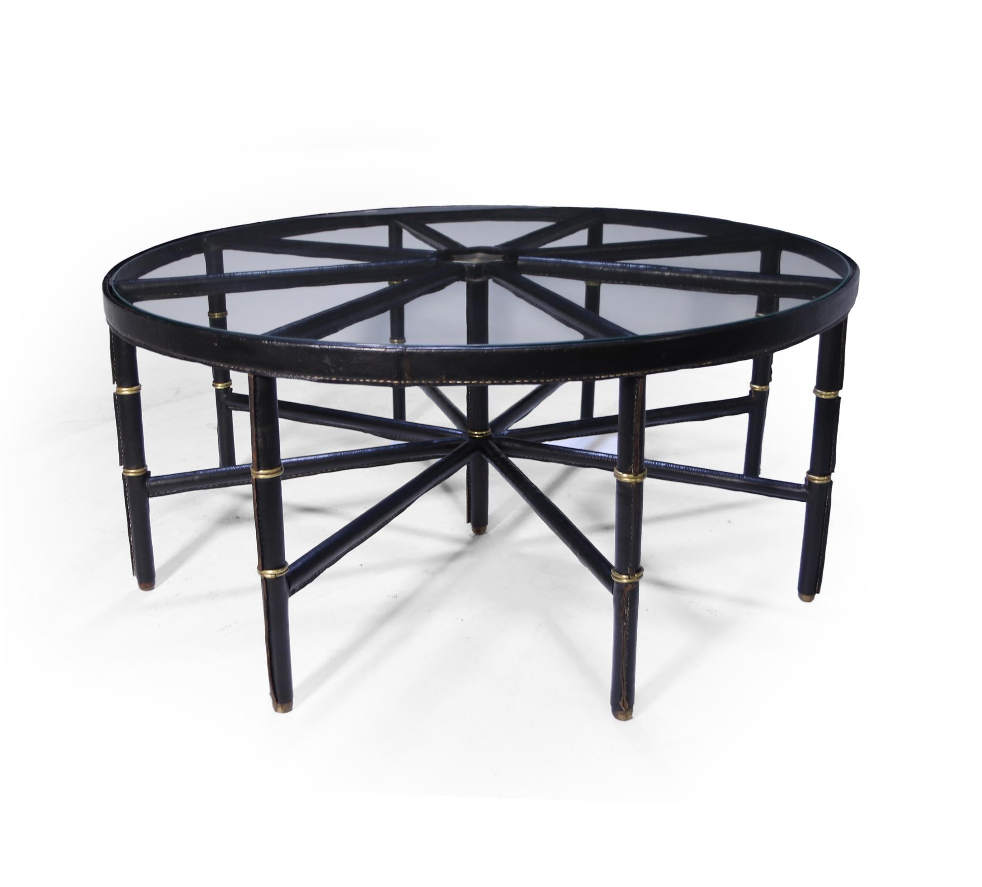 Stitched Leather and Brass Table by Jacques Adnet For Sale 8