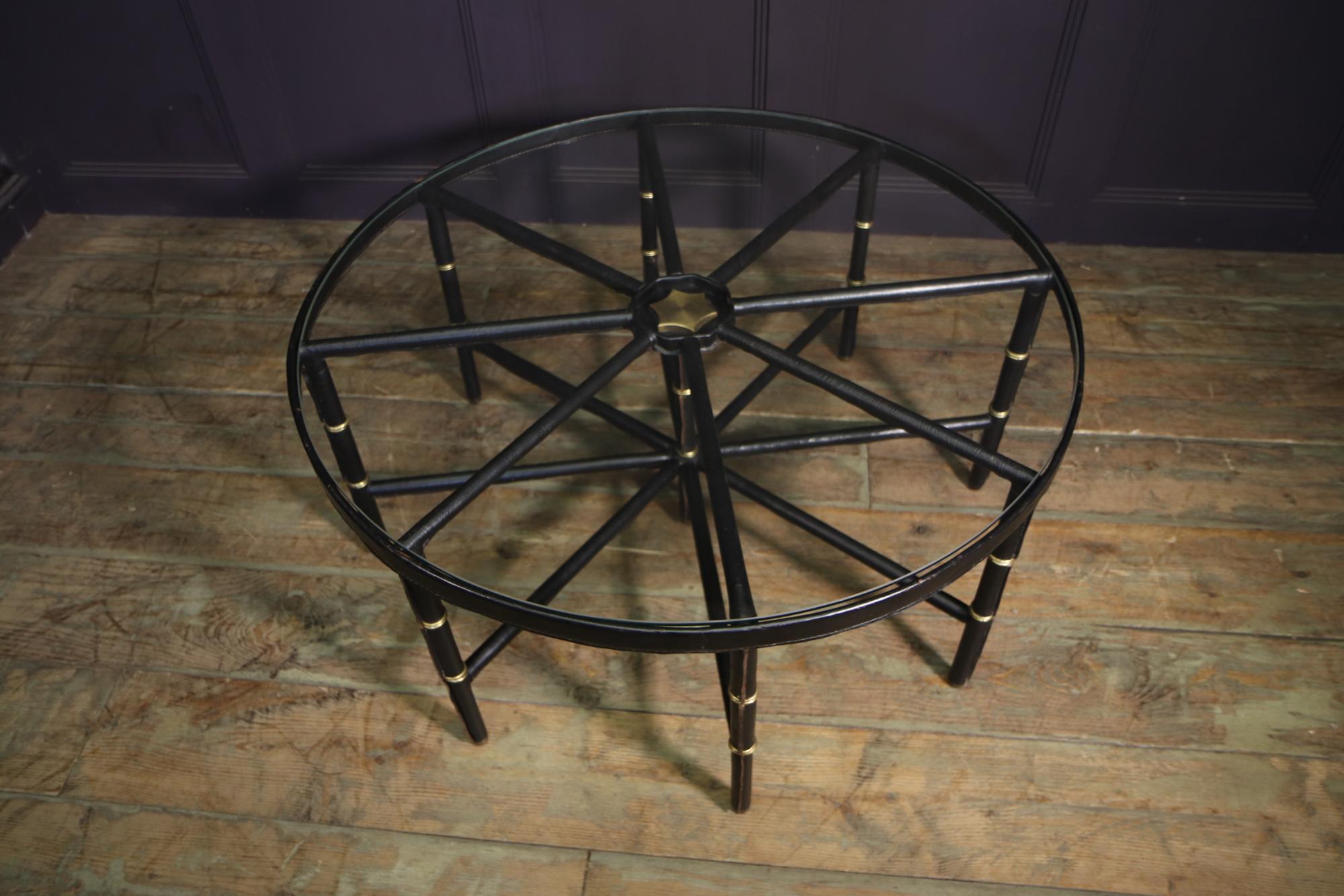 Modern Stitched Leather and Brass Table by Jacques Adnet For Sale