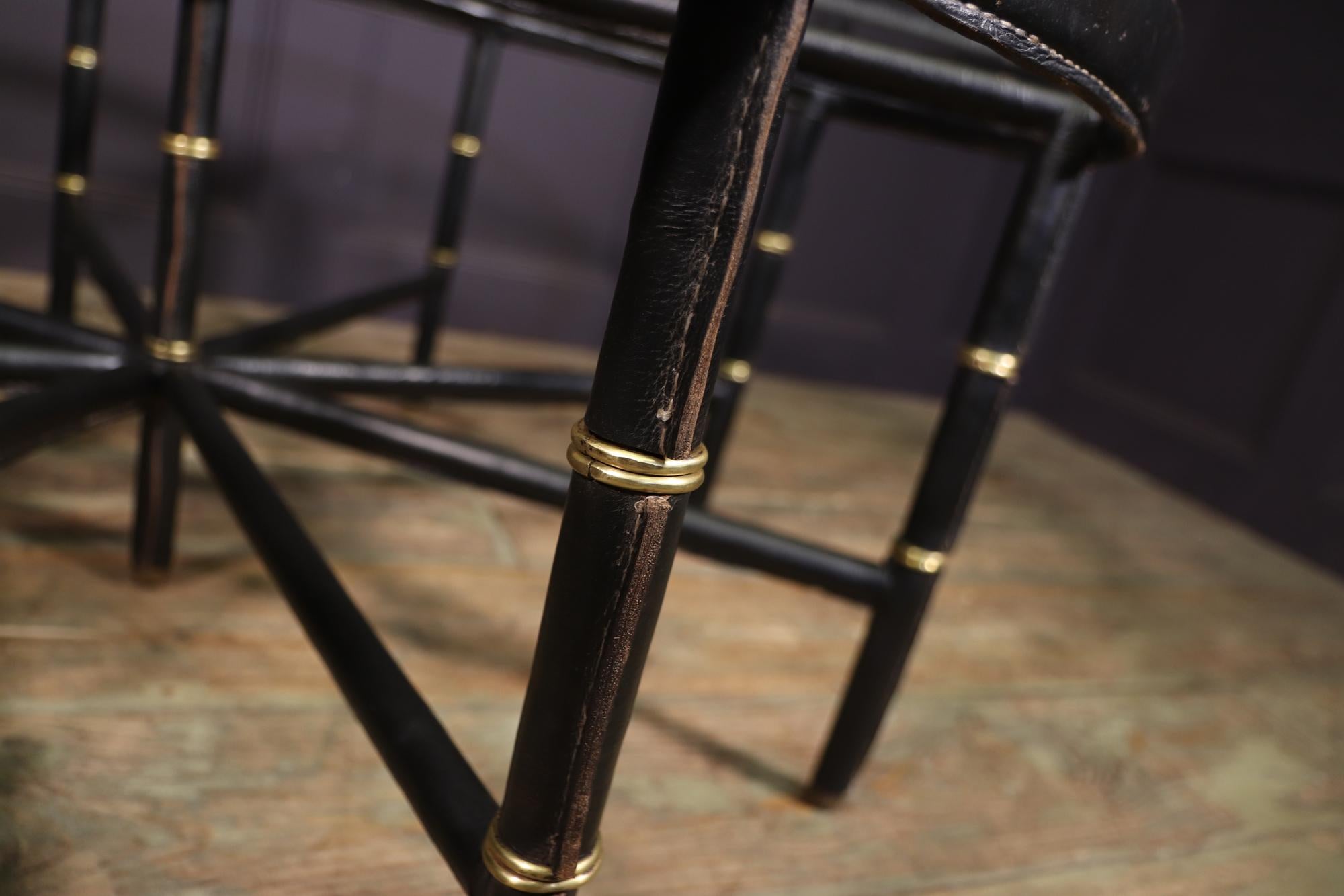 French Stitched Leather and Brass Table by Jacques Adnet For Sale