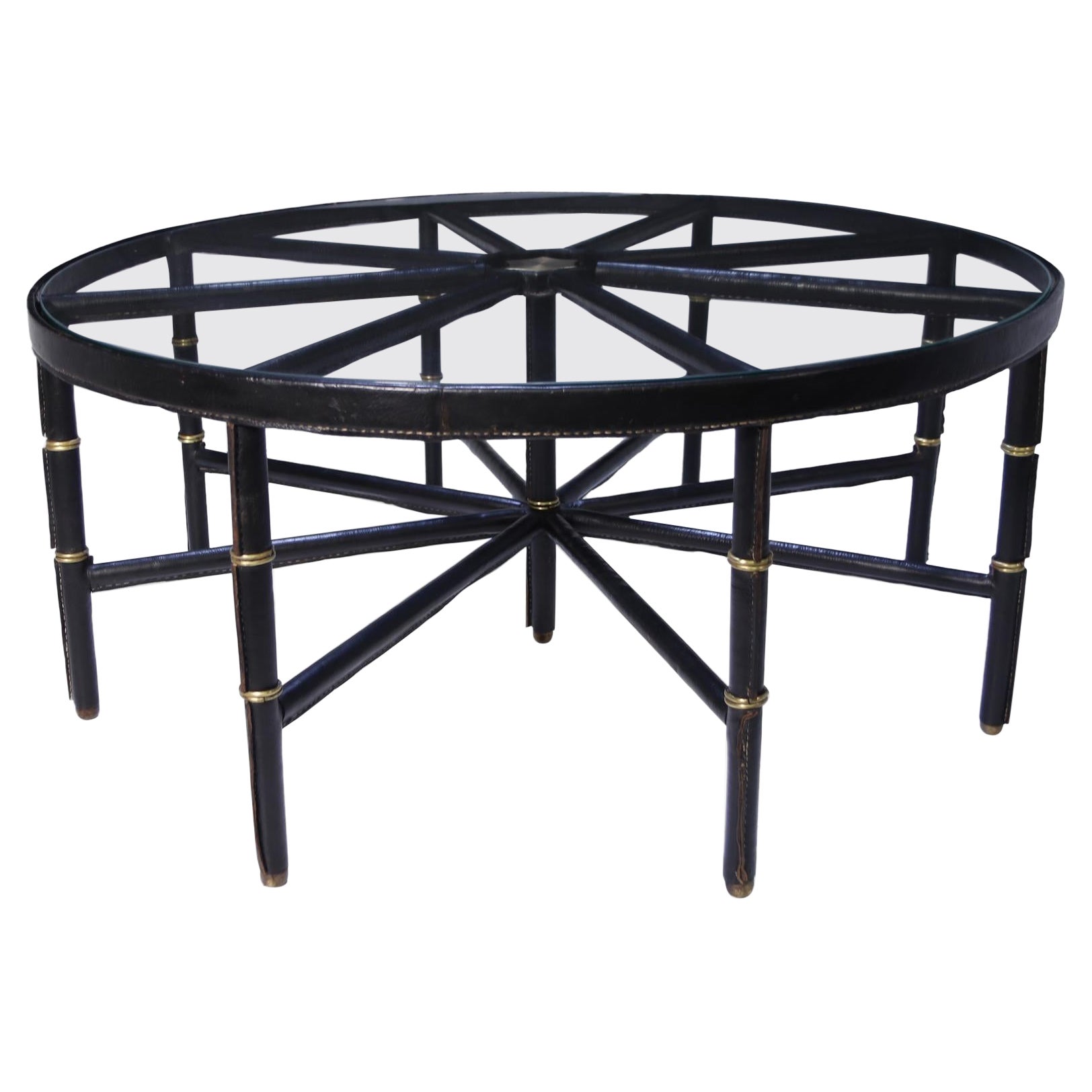 Tavolo in pelle e ottone Stitch by Jacques Adnet