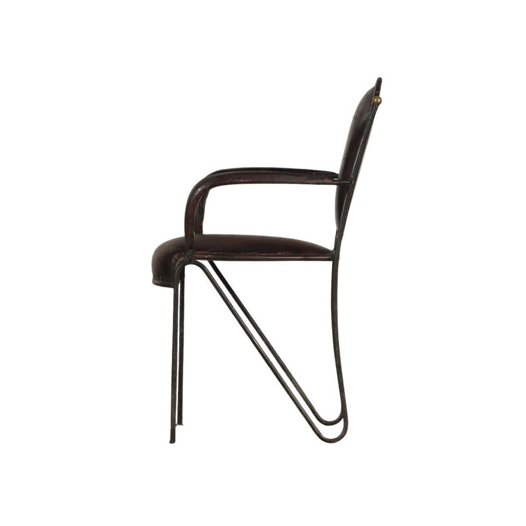 French Jacques Adnet Style Stitched Leather and Iron Armchair
