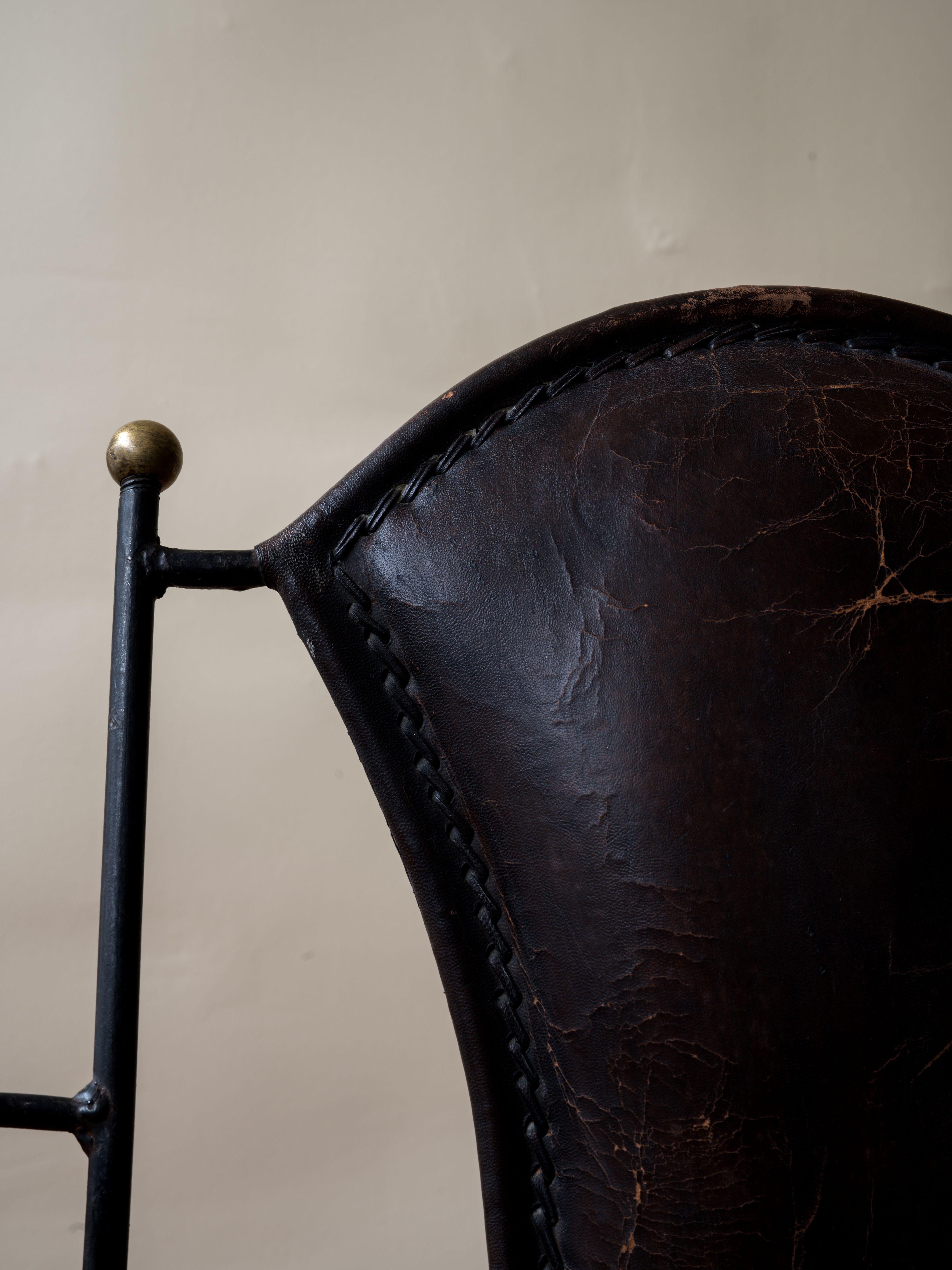 Art Deco Jacques Adnet Style Stitched Leather and Iron Armchair