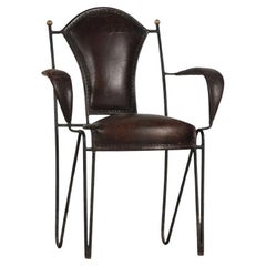 Jacques Adnet Style Stitched Leather and Iron Armchair
