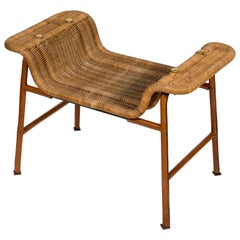 Stitched Leather and Rattan Stool by Jacques Adnet