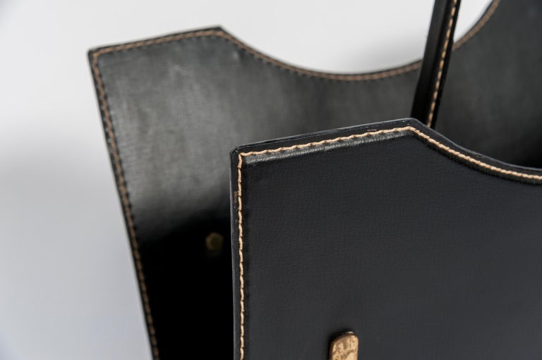 Leather Book Rack Stitched Leather Book Rack by Jacques Adnet For Sale at 1stDibs