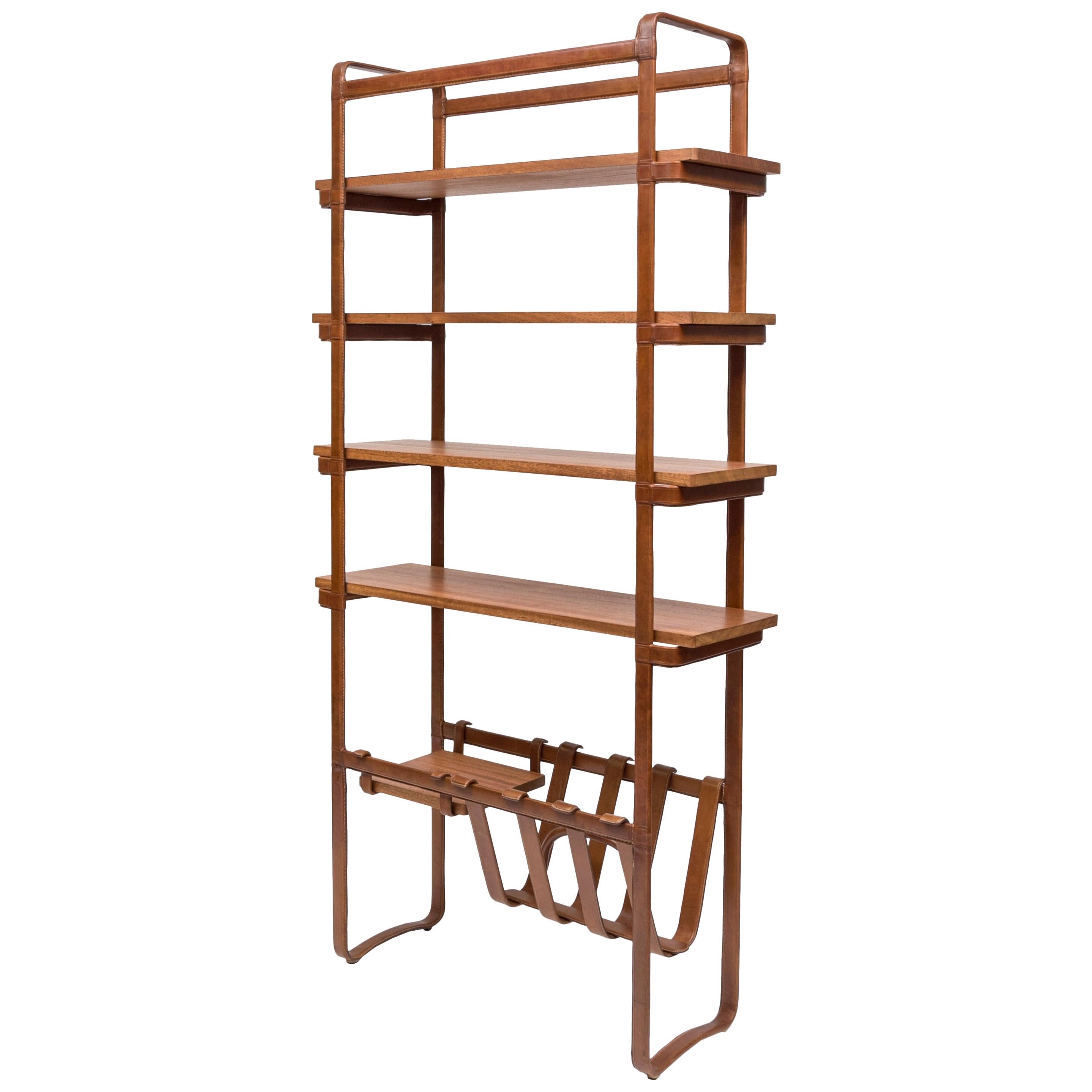 Stitched Leather Book Shelves by Jacques Adnet For Sale