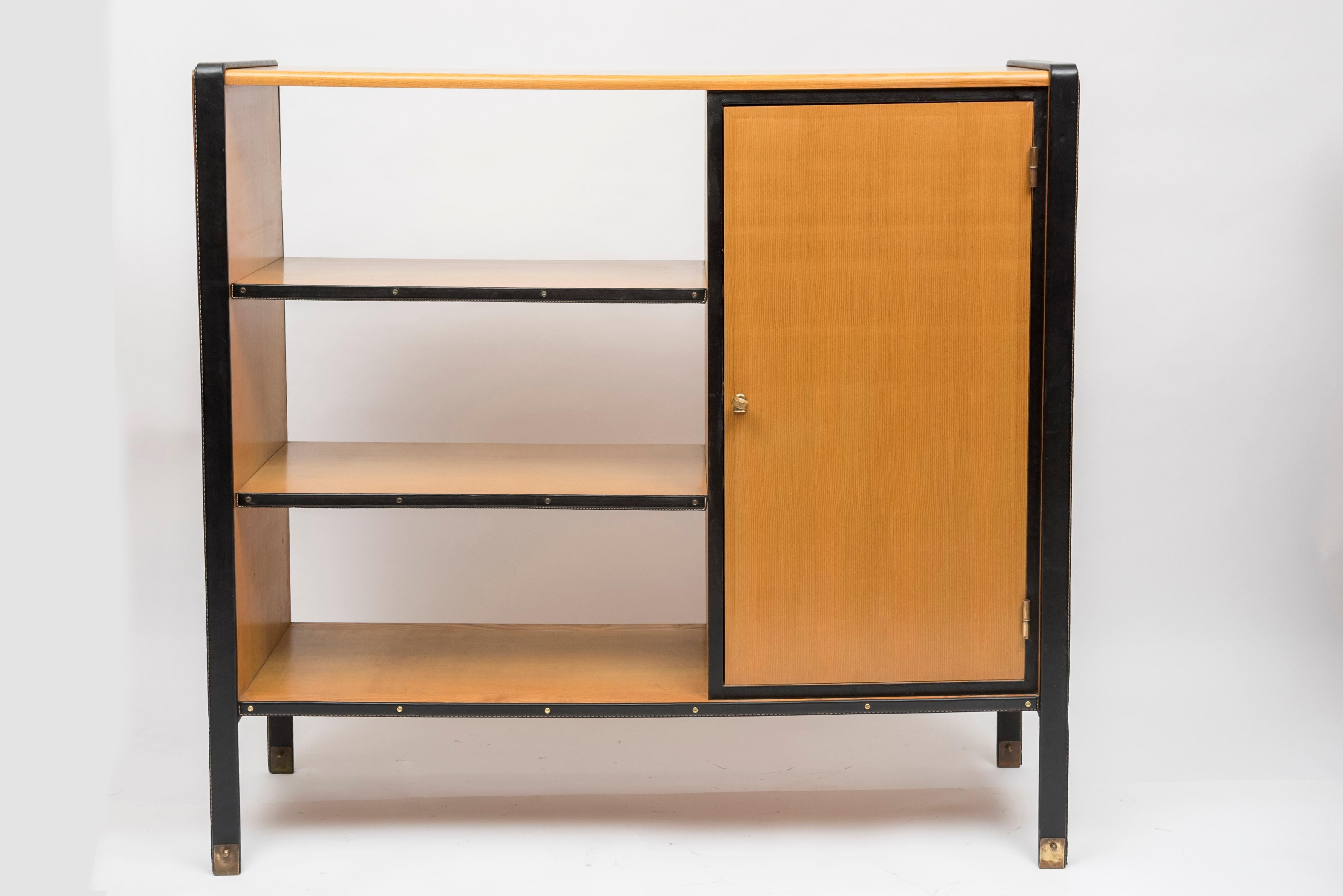 Mid-20th Century Stitched Leather Bookcase by Jacques Adnet