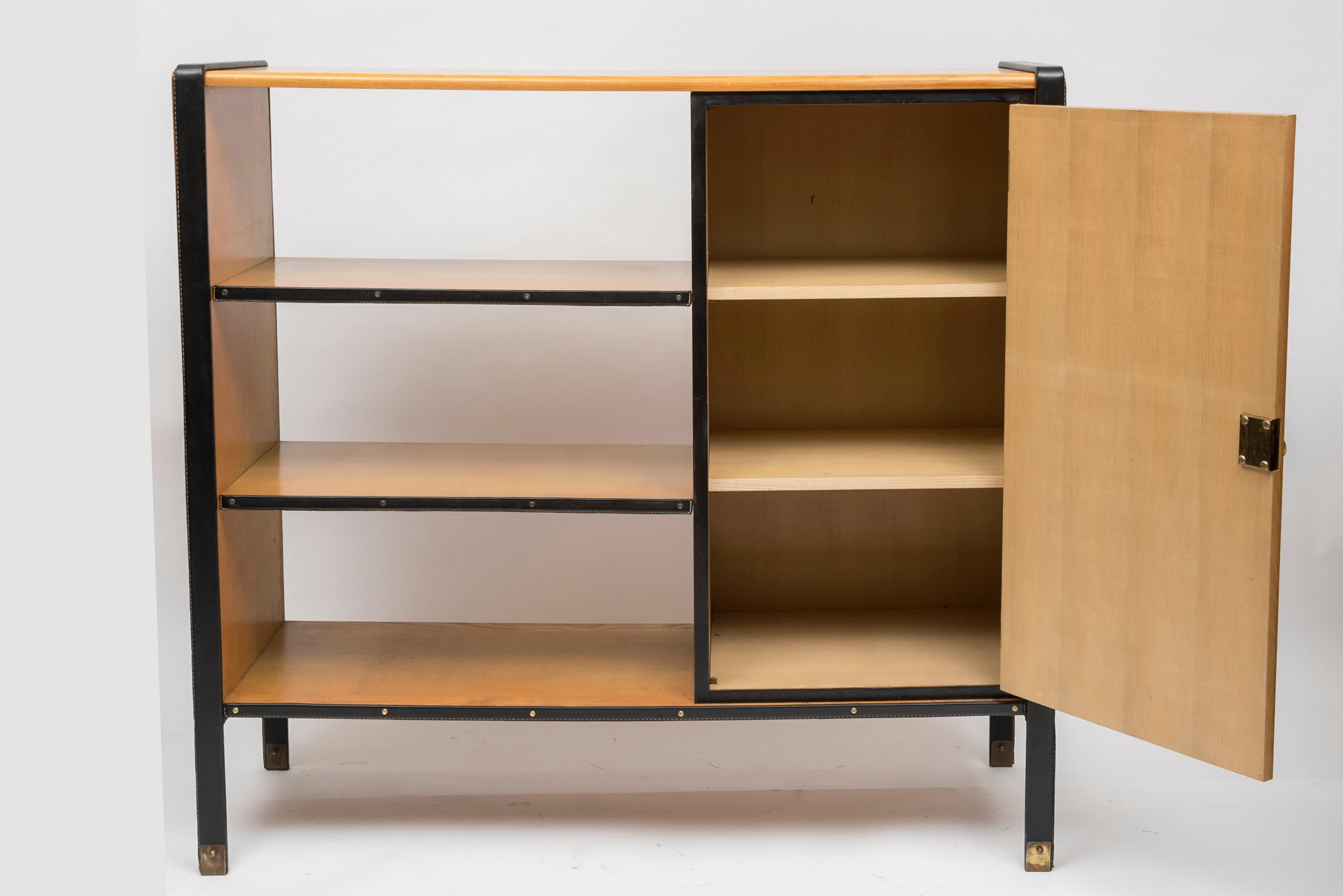 Oak Stitched Leather Bookcase by Jacques Adnet