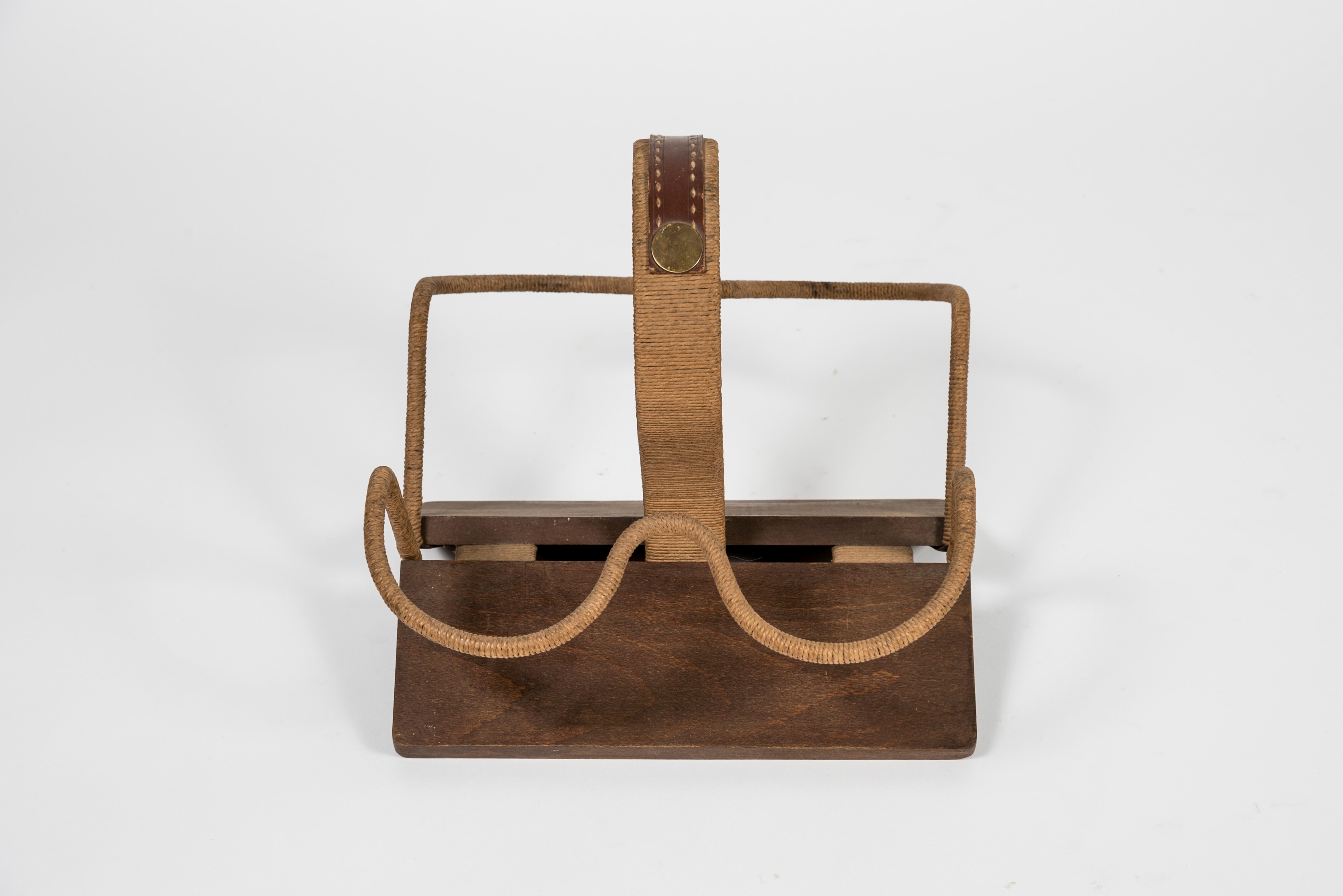 Stitched Leather Bottles Holder by Jacques Adnet In Good Condition For Sale In New York, NY