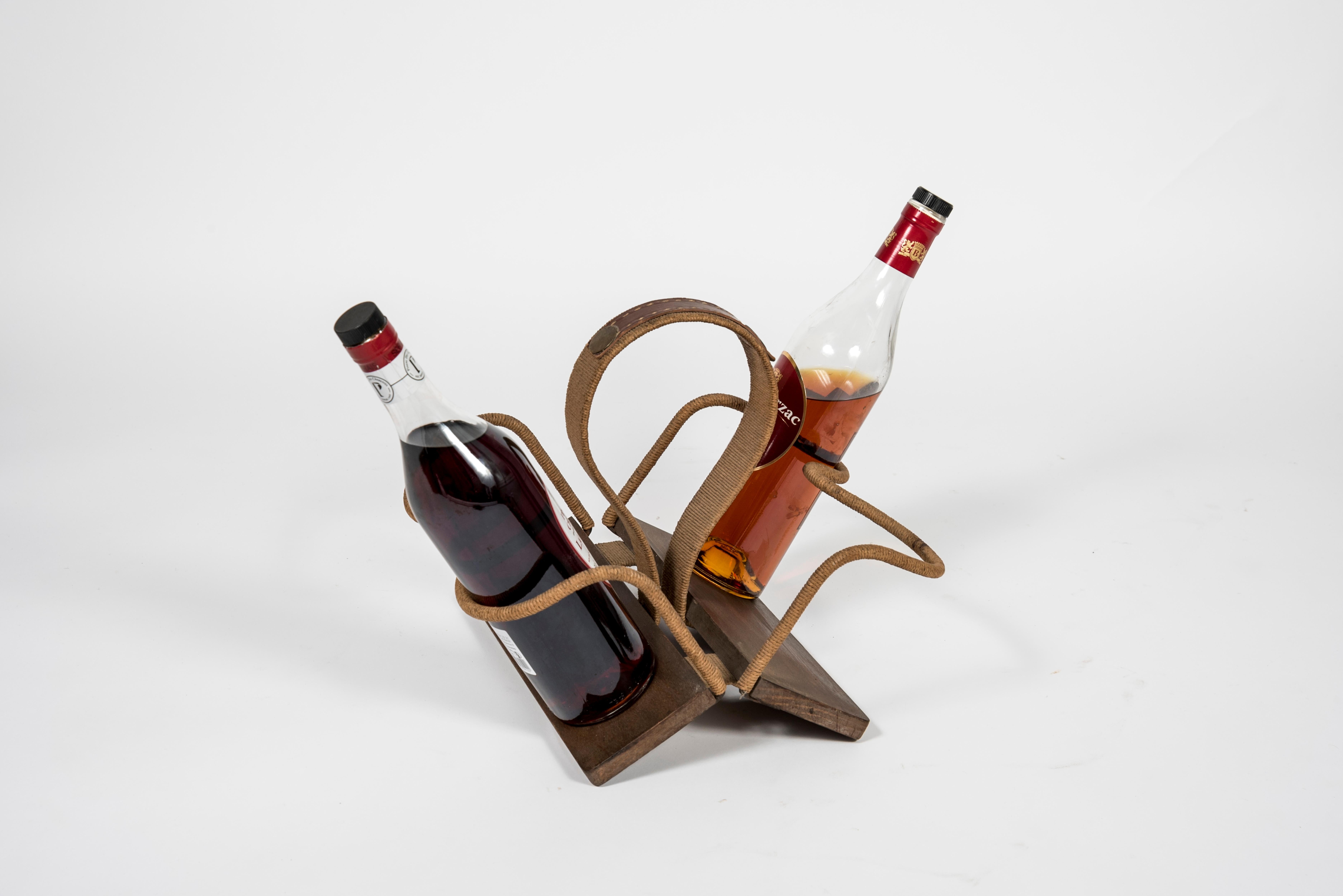 Mid-20th Century Stitched Leather Bottles Holder by Jacques Adnet For Sale