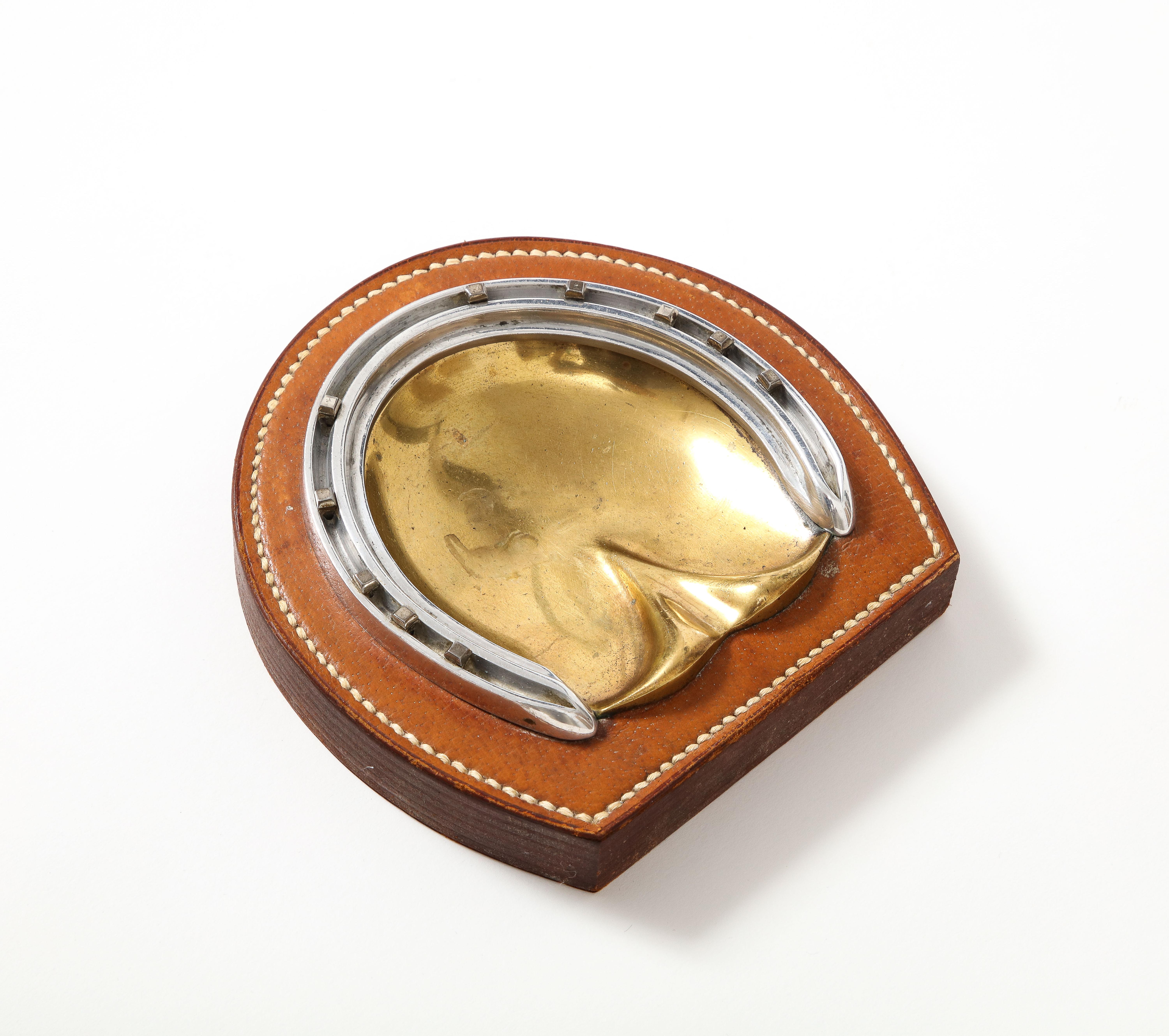 Stitched Leather, Brass and Steel Vide Poche for Hermes, France, c. 1945 For Sale 4
