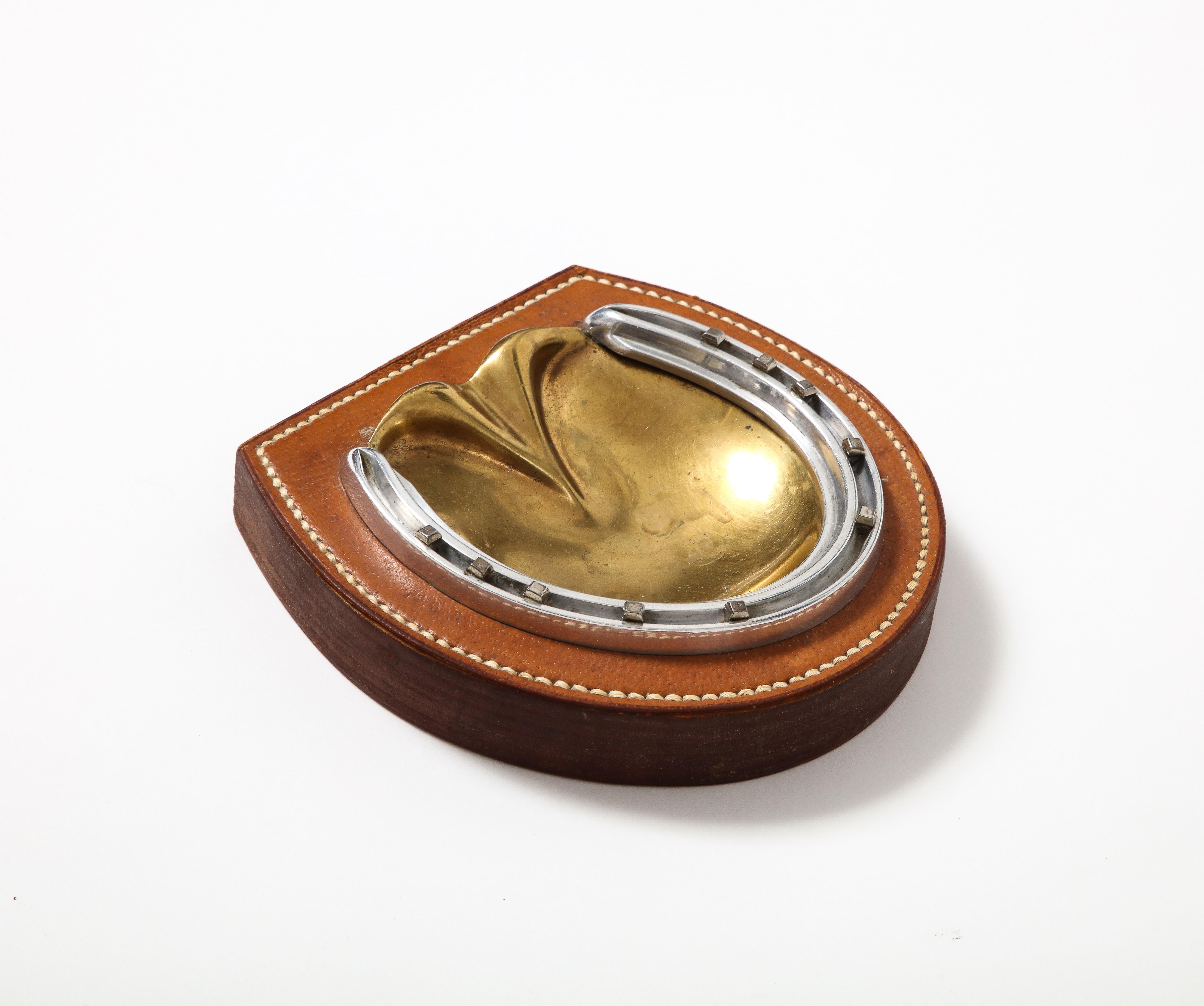 Mid-Century Modern Stitched Leather, Brass and Steel Vide Poche for Hermes, France, c. 1945 For Sale