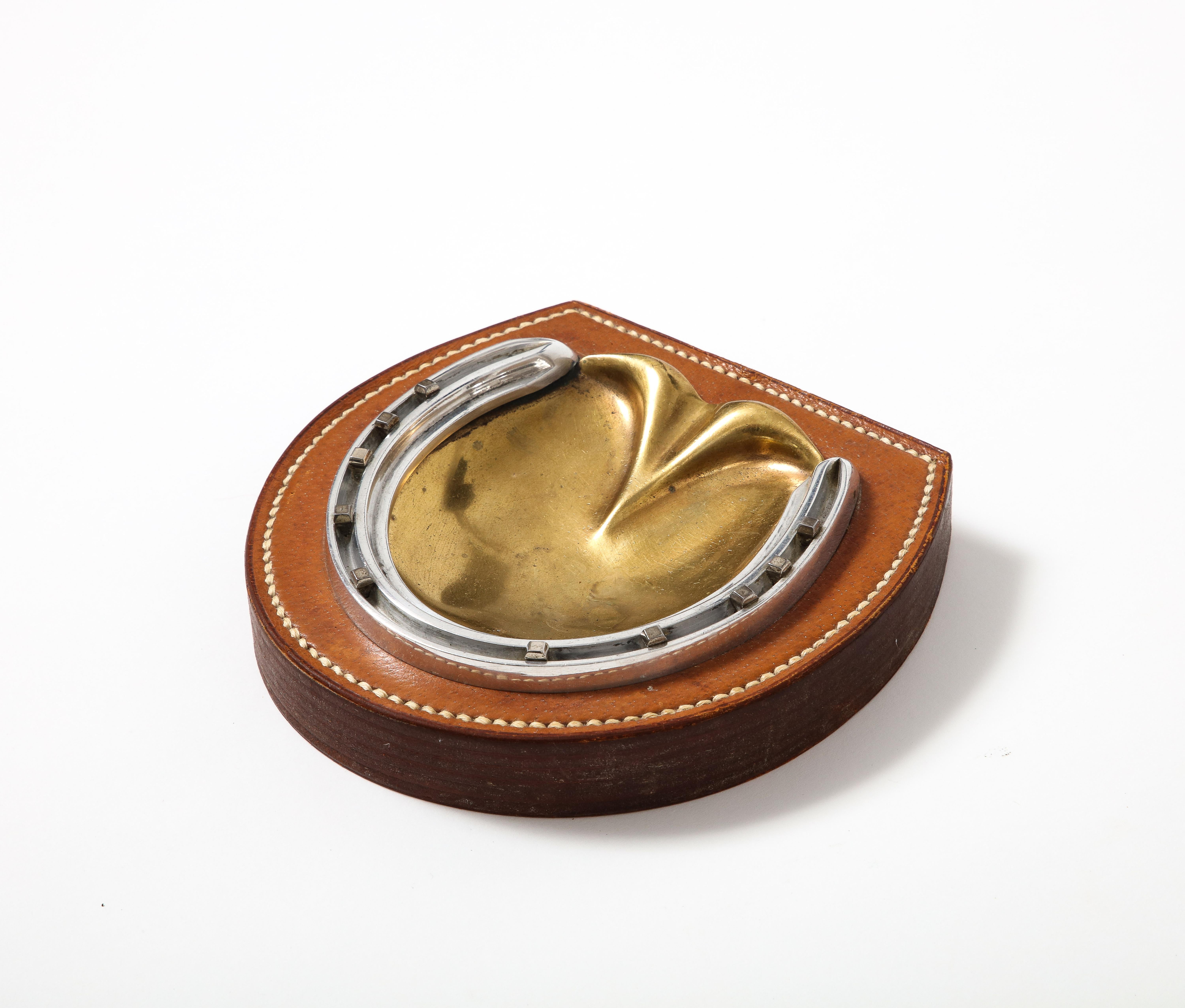 French Stitched Leather, Brass and Steel Vide Poche for Hermes, France, c. 1945 For Sale