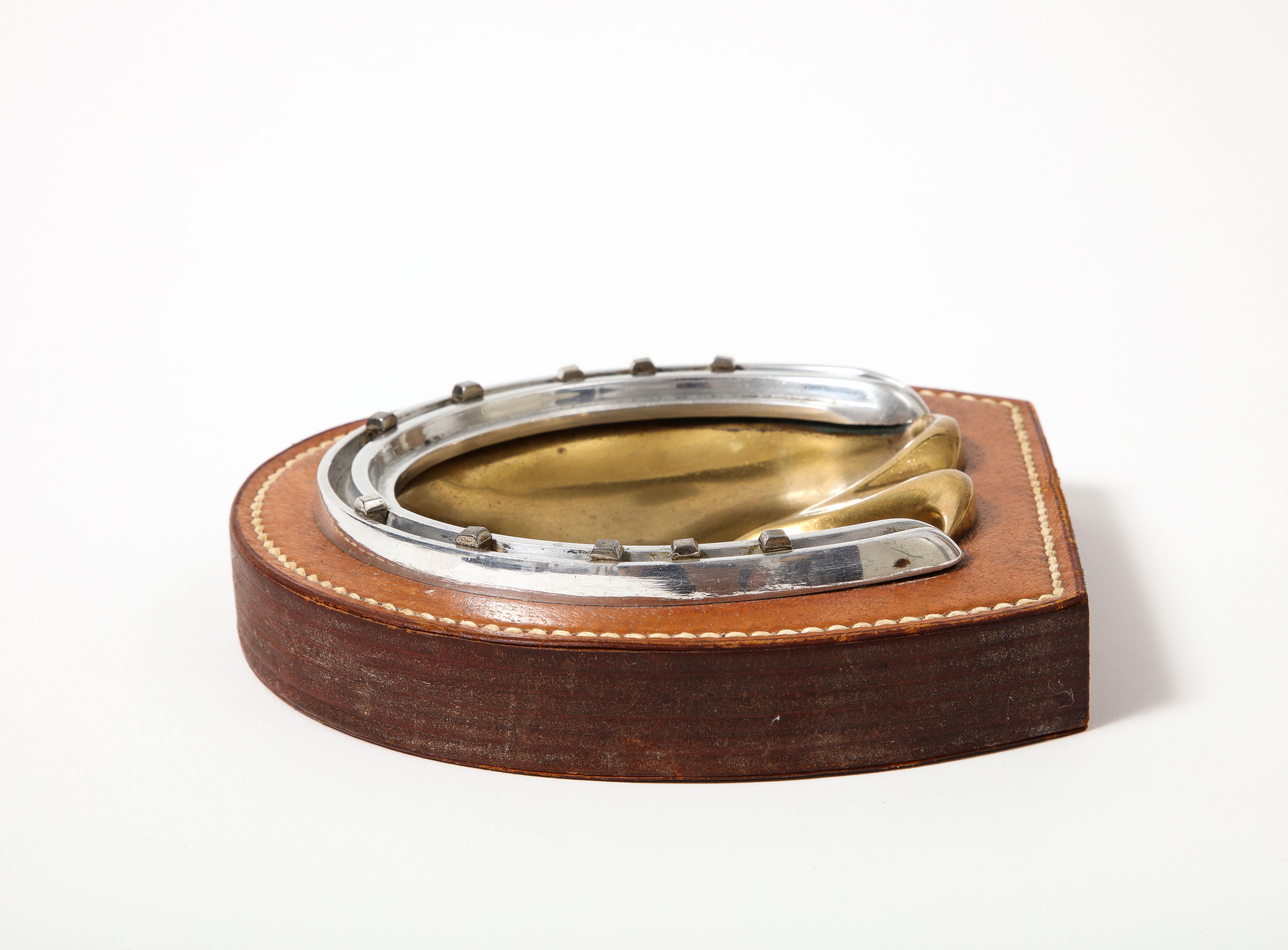 Glazed Stitched Leather, Brass and Steel Vide Poche for Hermes, France, c. 1945 For Sale