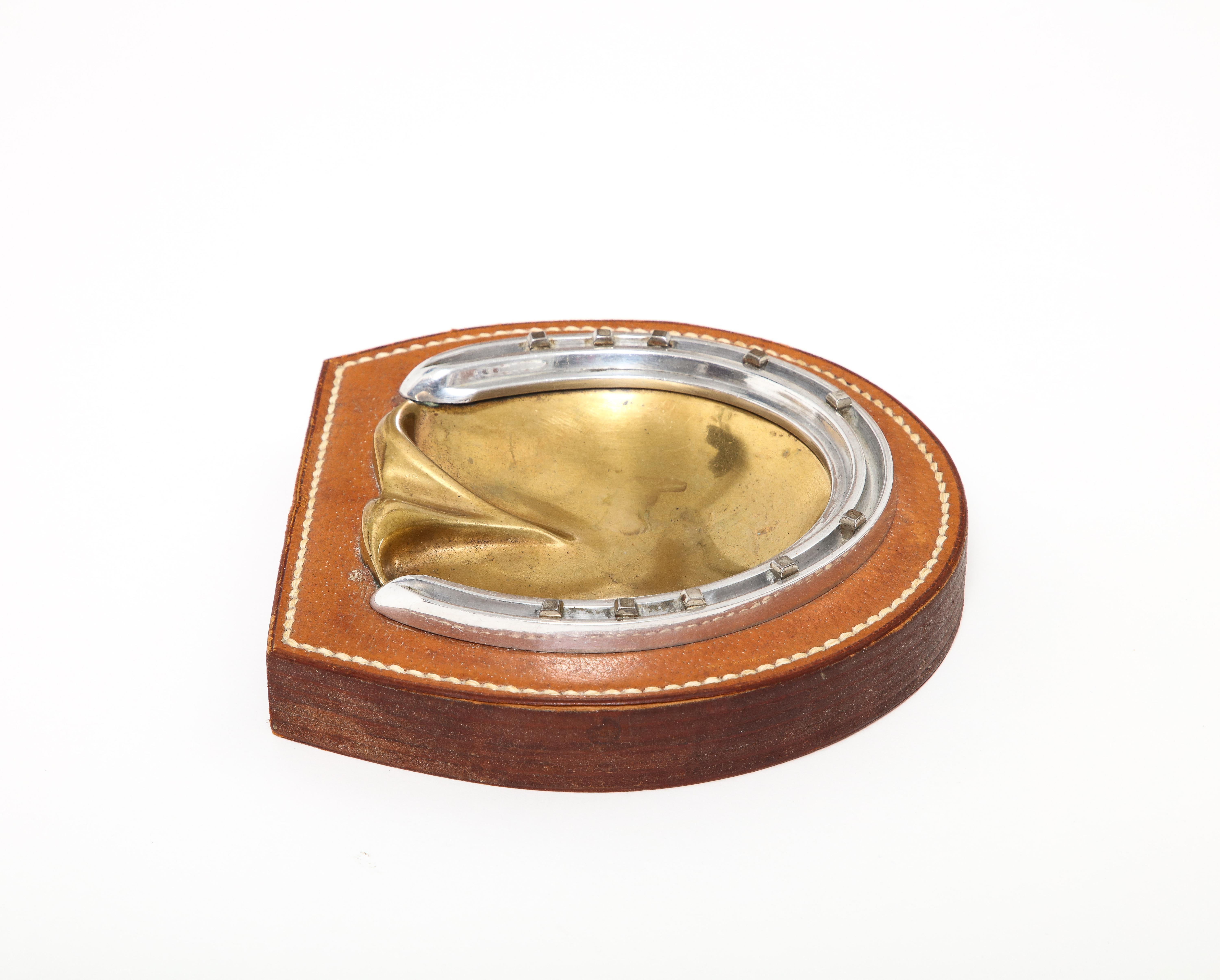 Mid-20th Century Stitched Leather, Brass and Steel Vide Poche for Hermes, France, c. 1945 For Sale