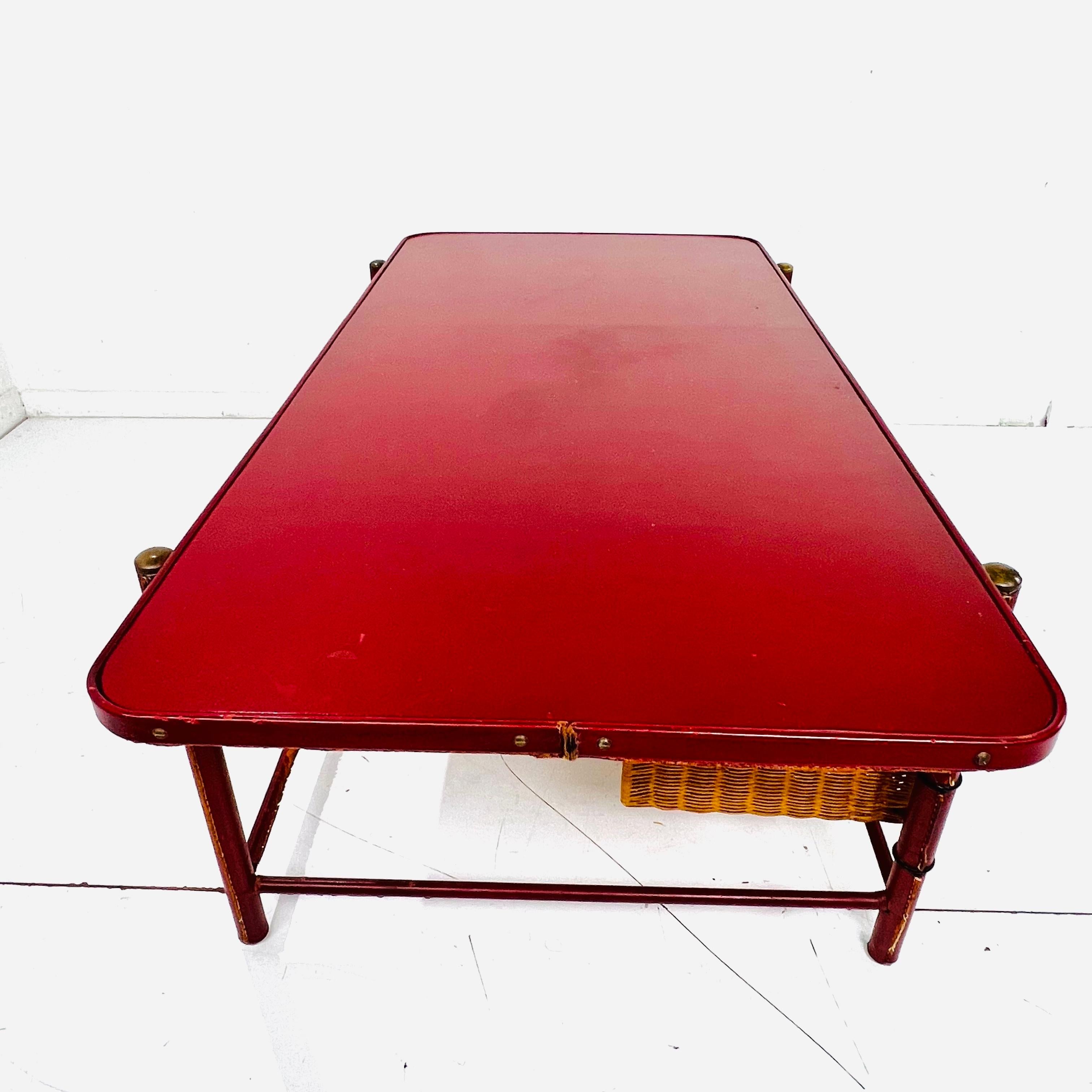 Stitched Leather Coffee Table in the Style of Jacques Adnet In Good Condition For Sale In Dallas, TX