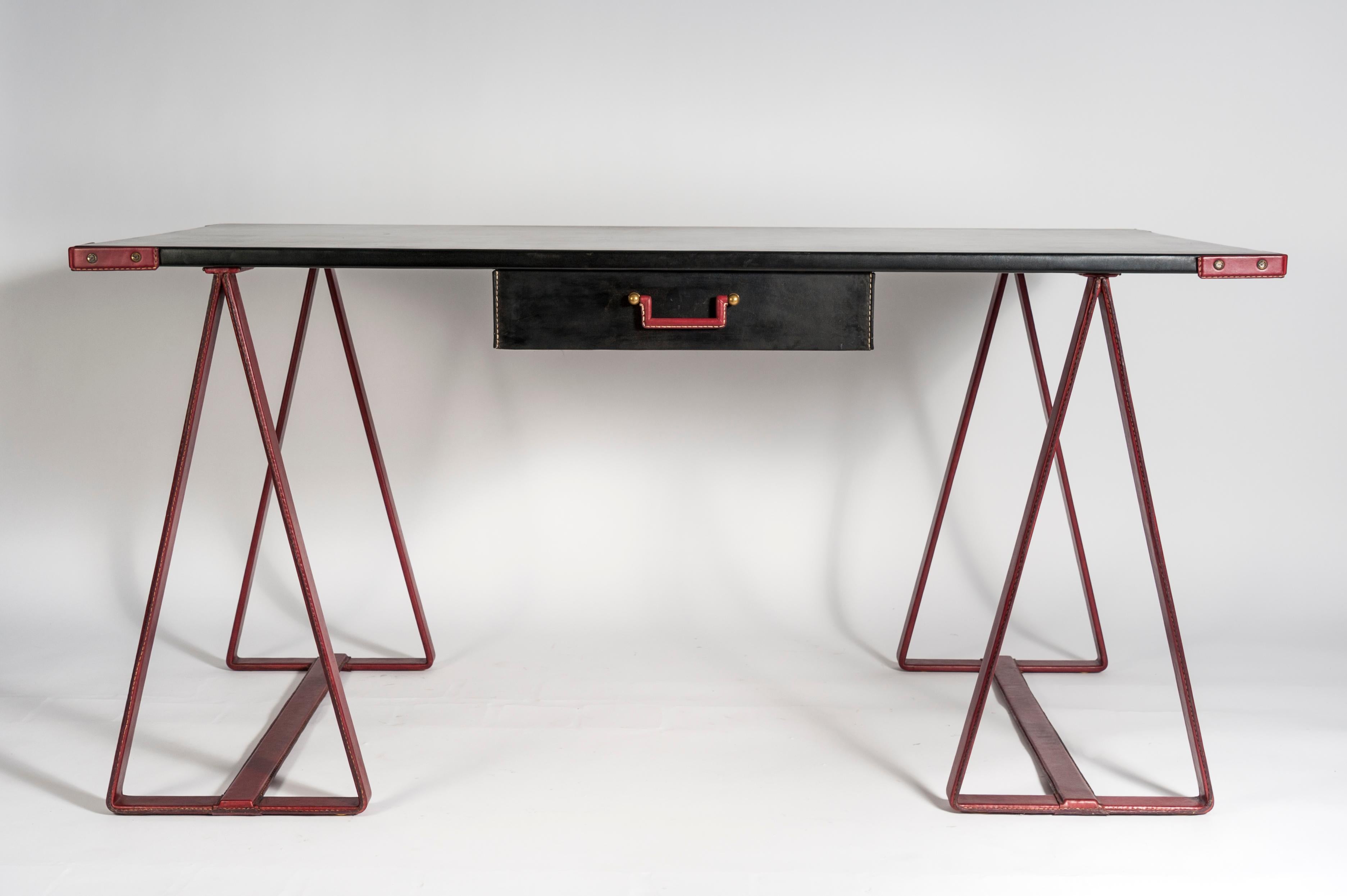 Stitched Leather Desk by Jacques Adnet 1