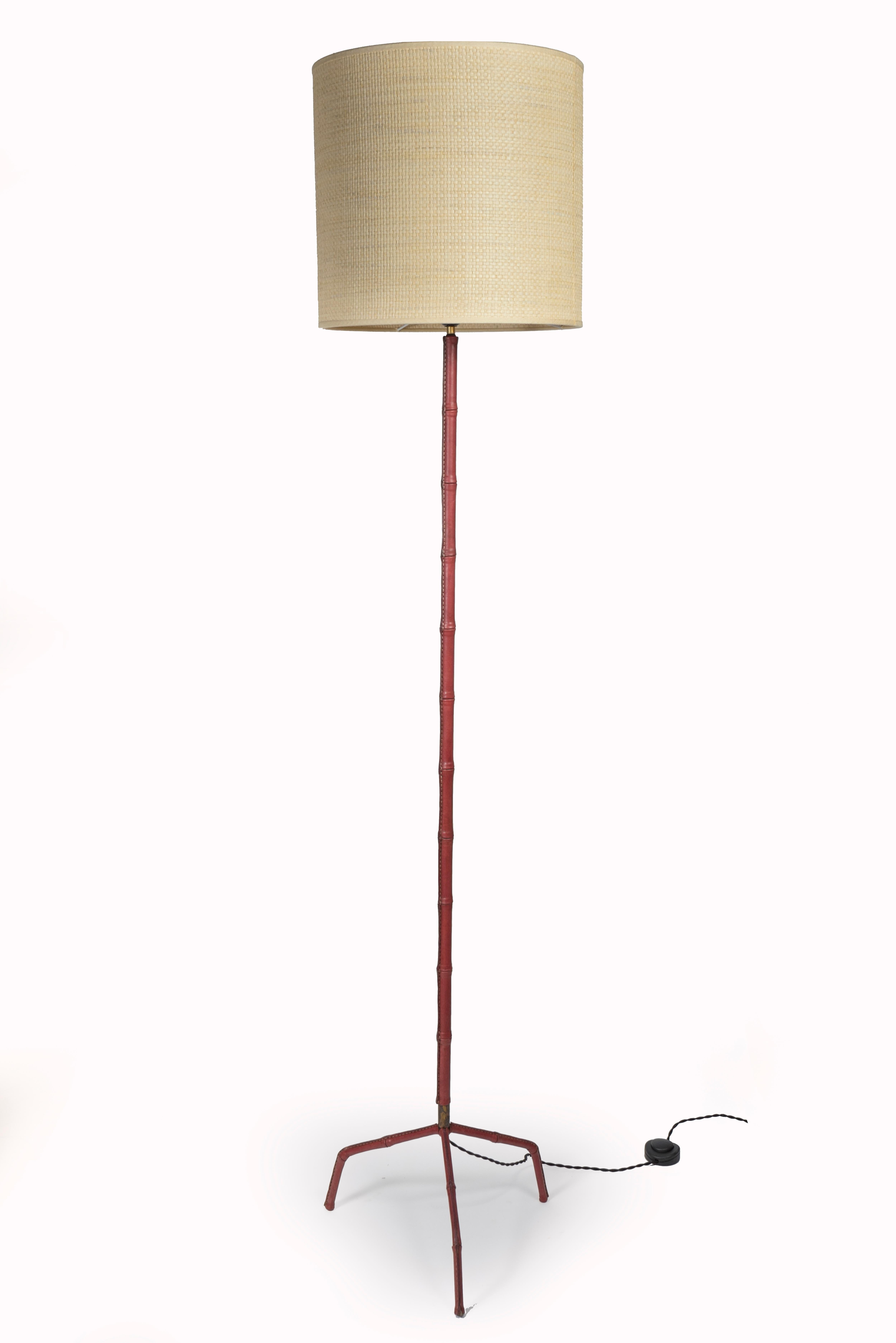 French Stitched Leather Floor Lamp by Jacques Adnet For Sale