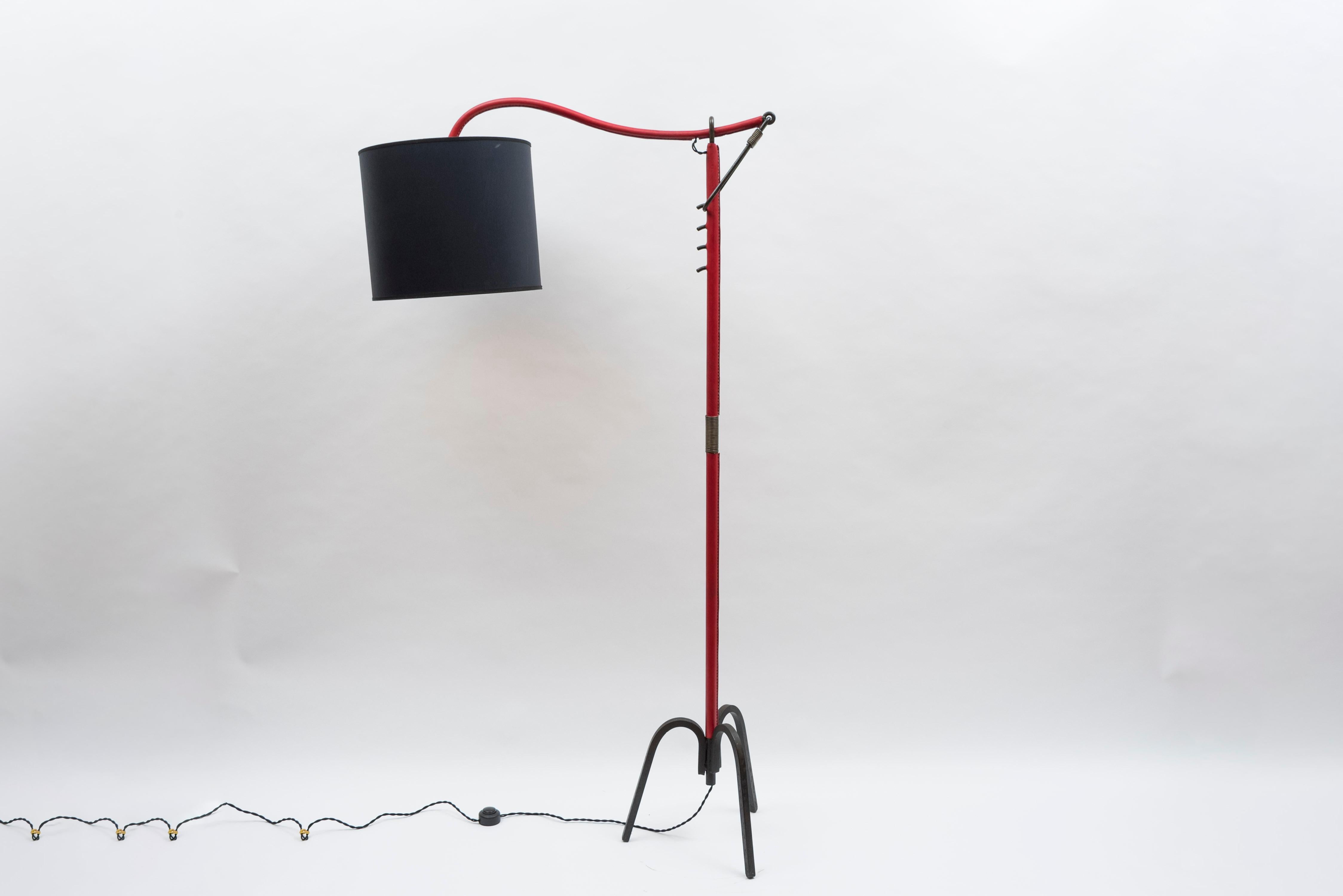 Metal Stitched Leather Floor Lamp by Jacques Adnet For Sale
