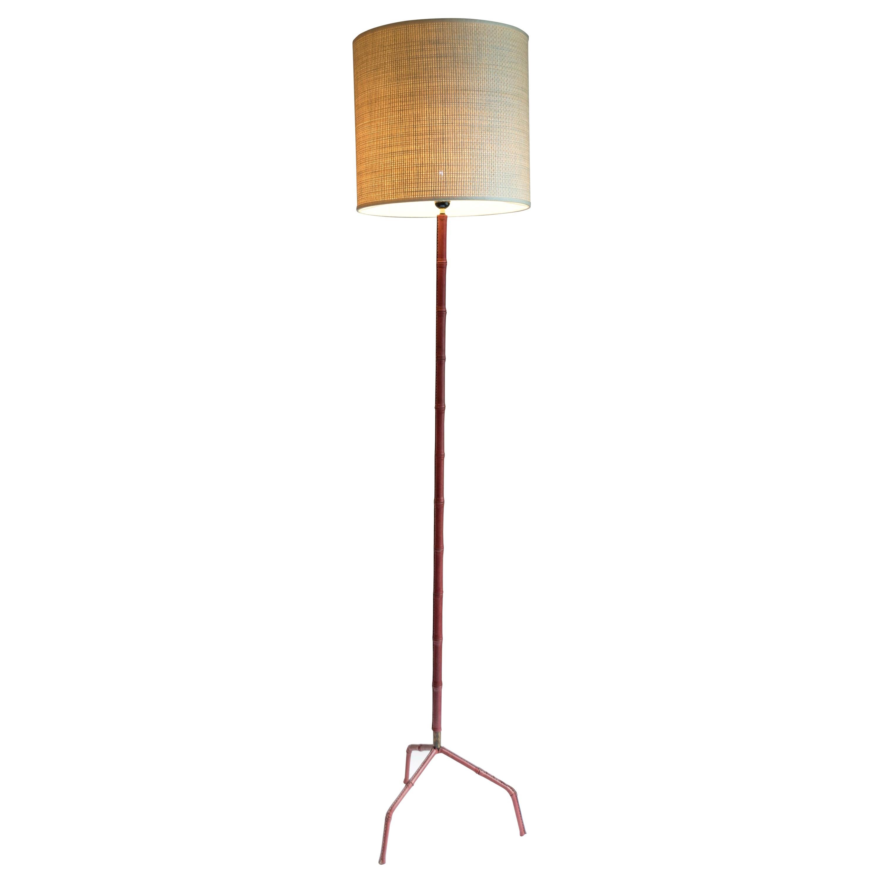 Stitched Leather Floor Lamp by Jacques Adnet For Sale
