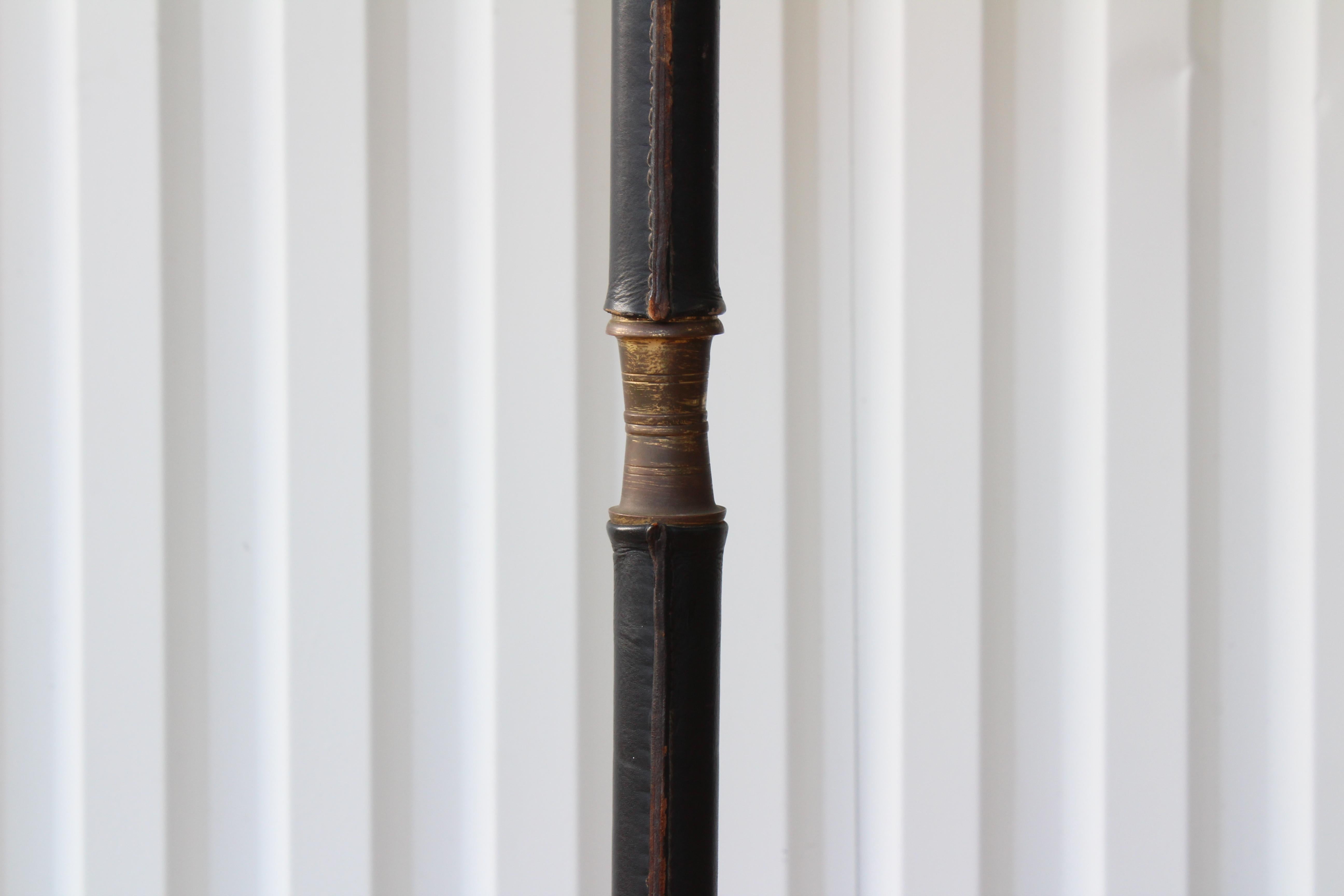 Brass Stitched Leather Floor Lamp by Jacques Adnet, France, 1950s