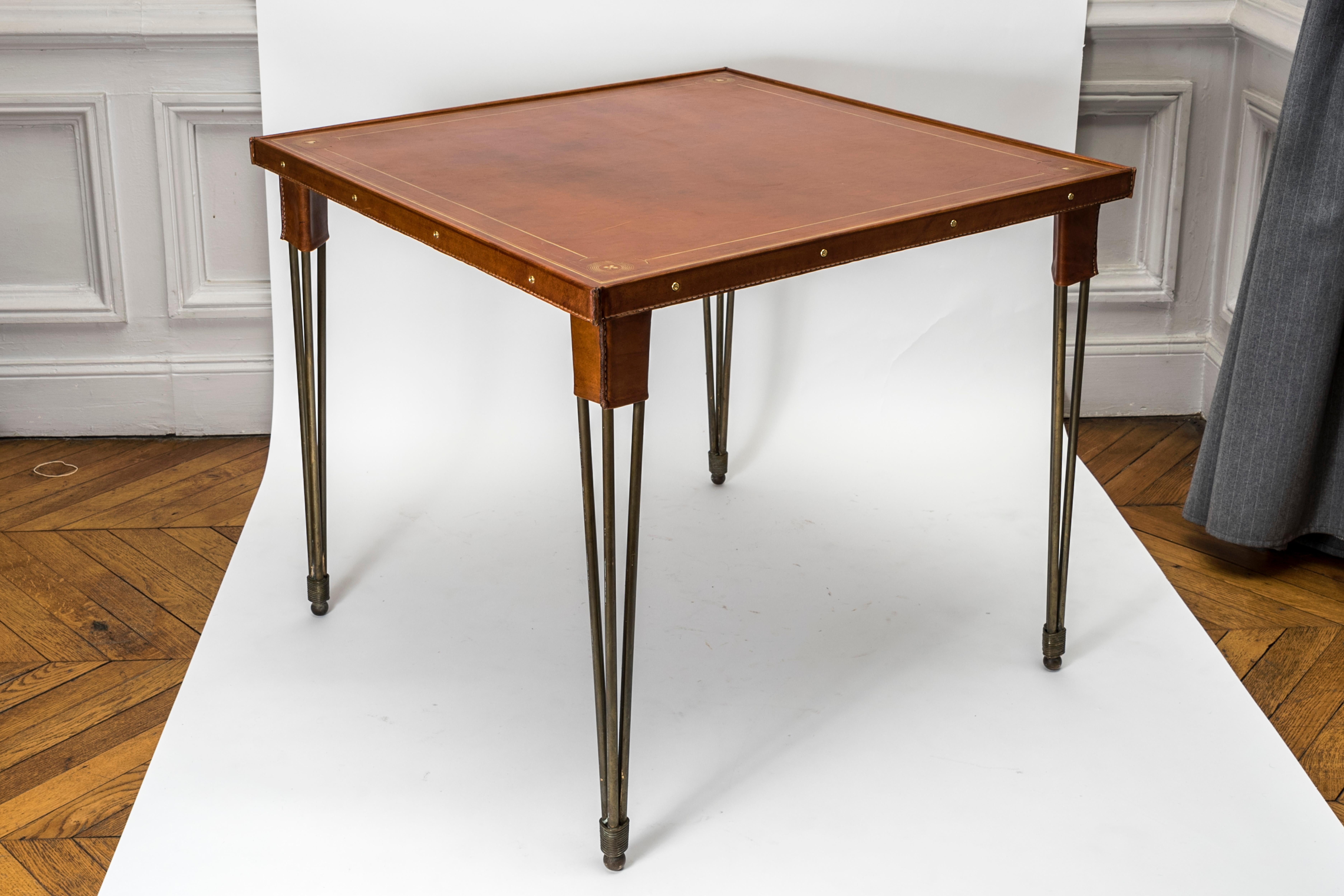 French Stitched Leather Game Table by Jacques Adnet