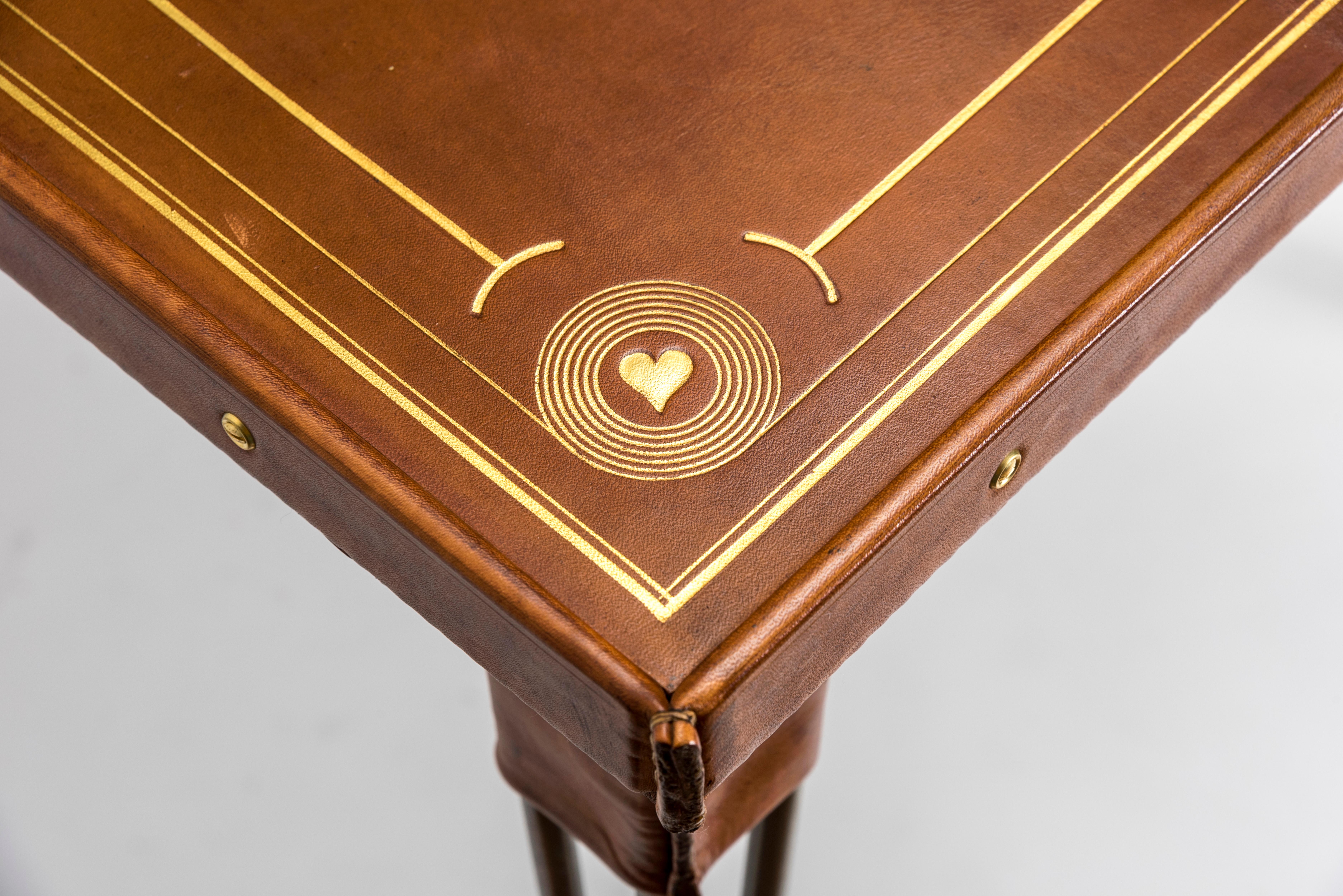 Brass Stitched Leather Game Table by Jacques Adnet