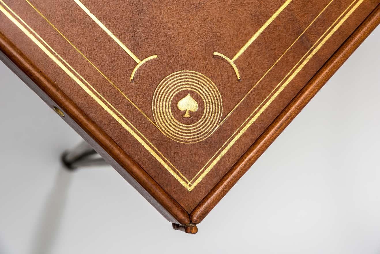 Stitched Leather Game Table with Embossed Motifs and Metal Legs by Jacques Adnet 3