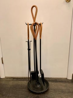 Stitched Leather and Iron Fireplace Tools
