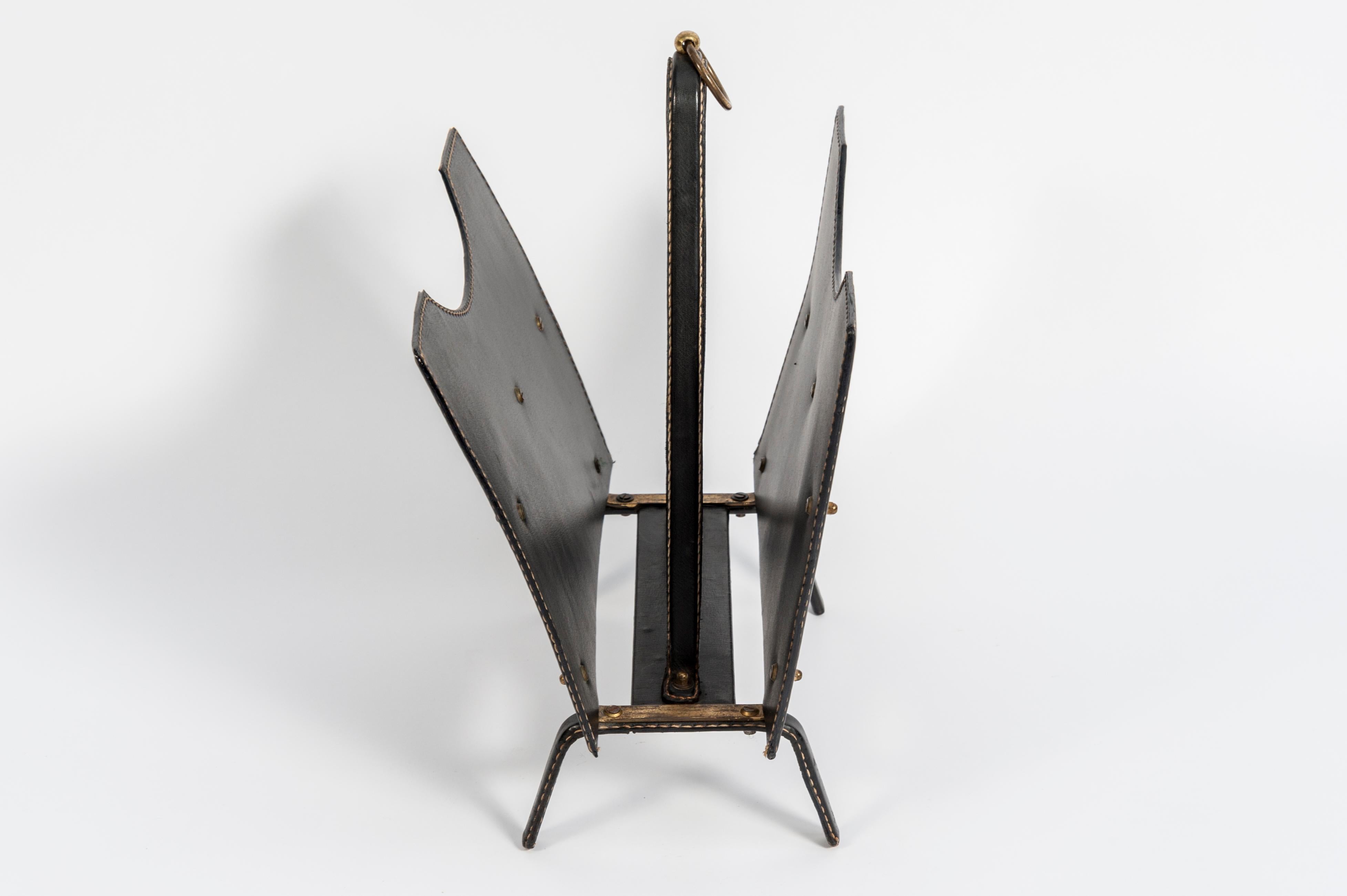 Stitched Leather Magazine Rack by Jacques Adnet For Sale 2