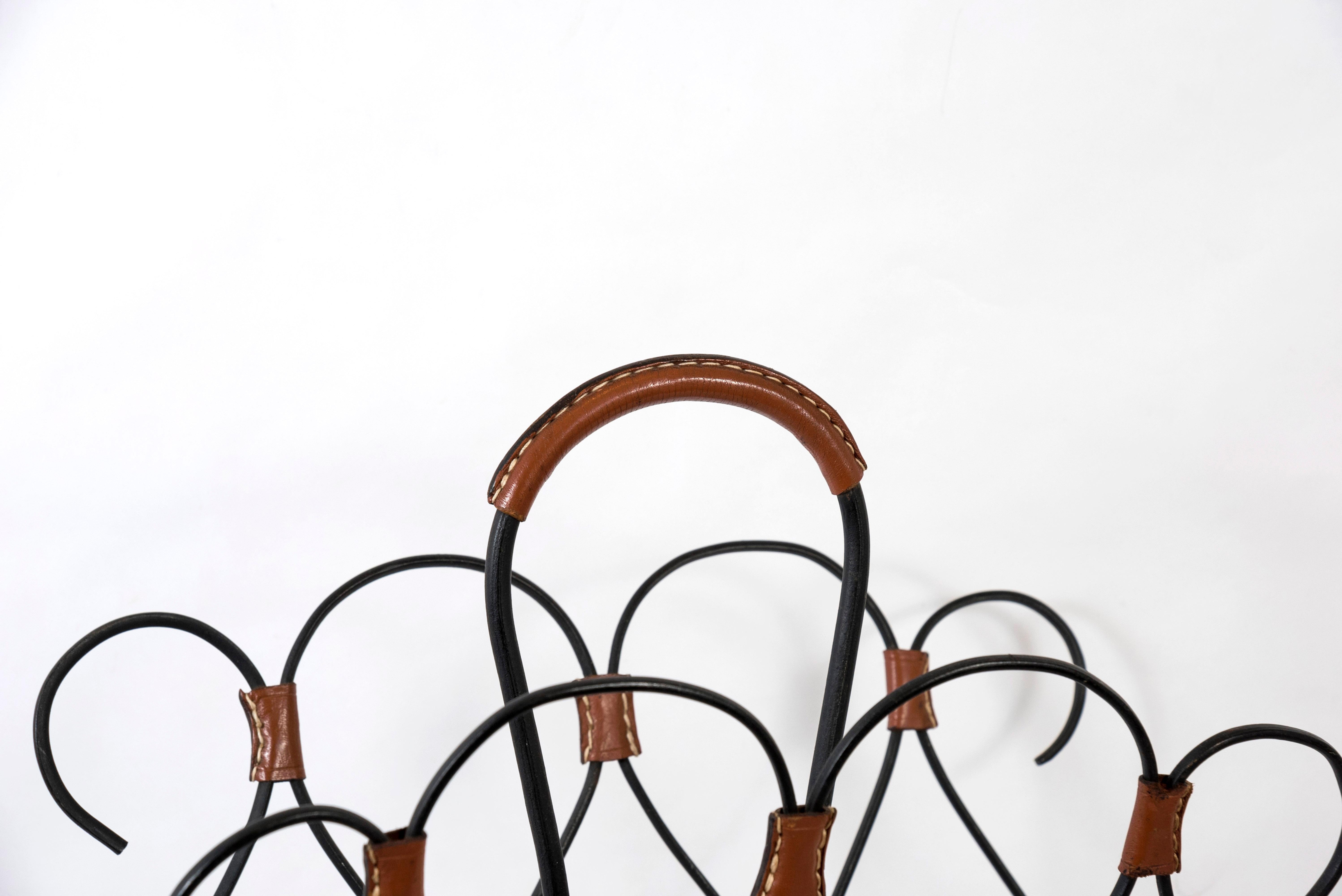 Mid-20th Century Stitched Leather Magazine Rack by Jacques Adnet