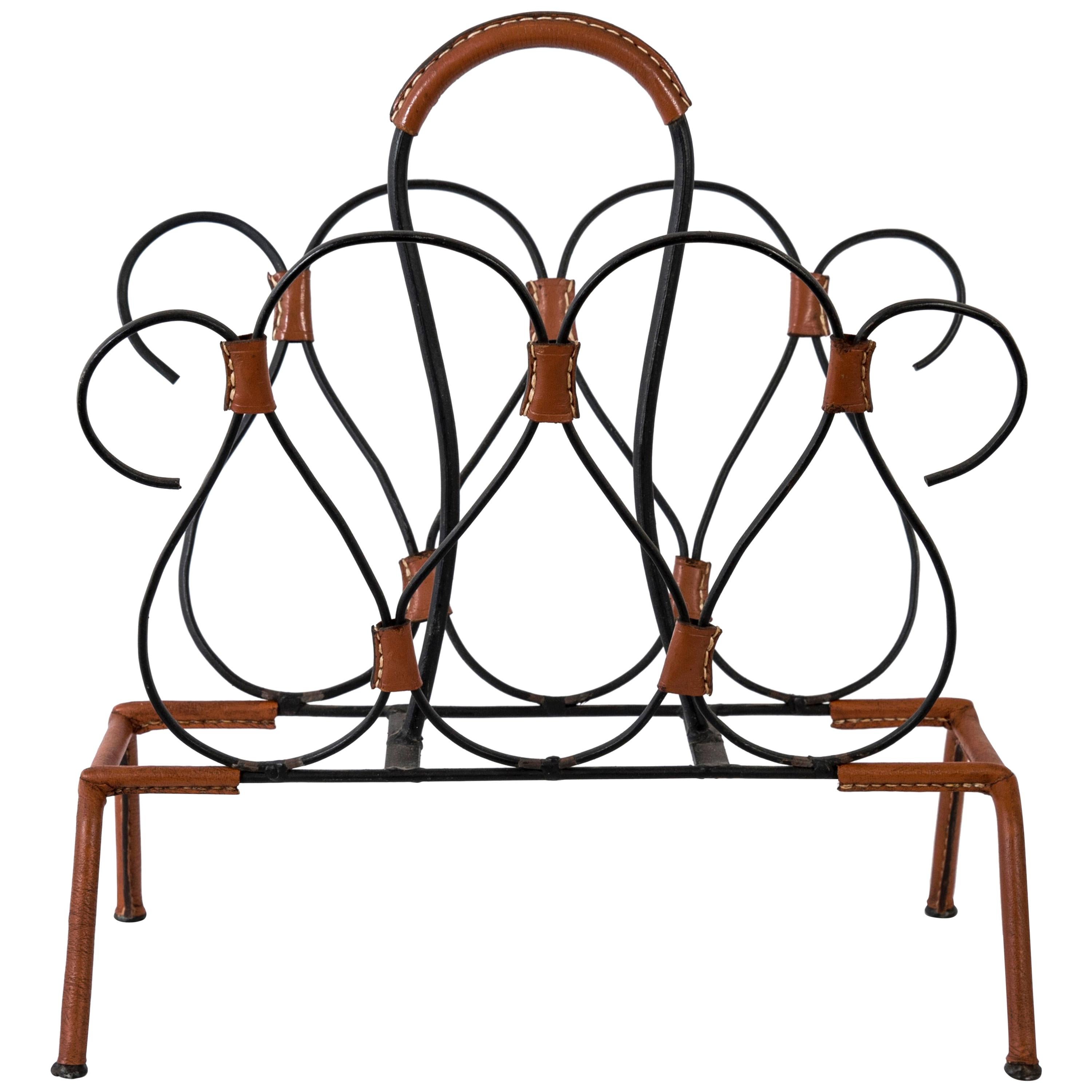 Stitched Leather Magazine Rack by Jacques Adnet