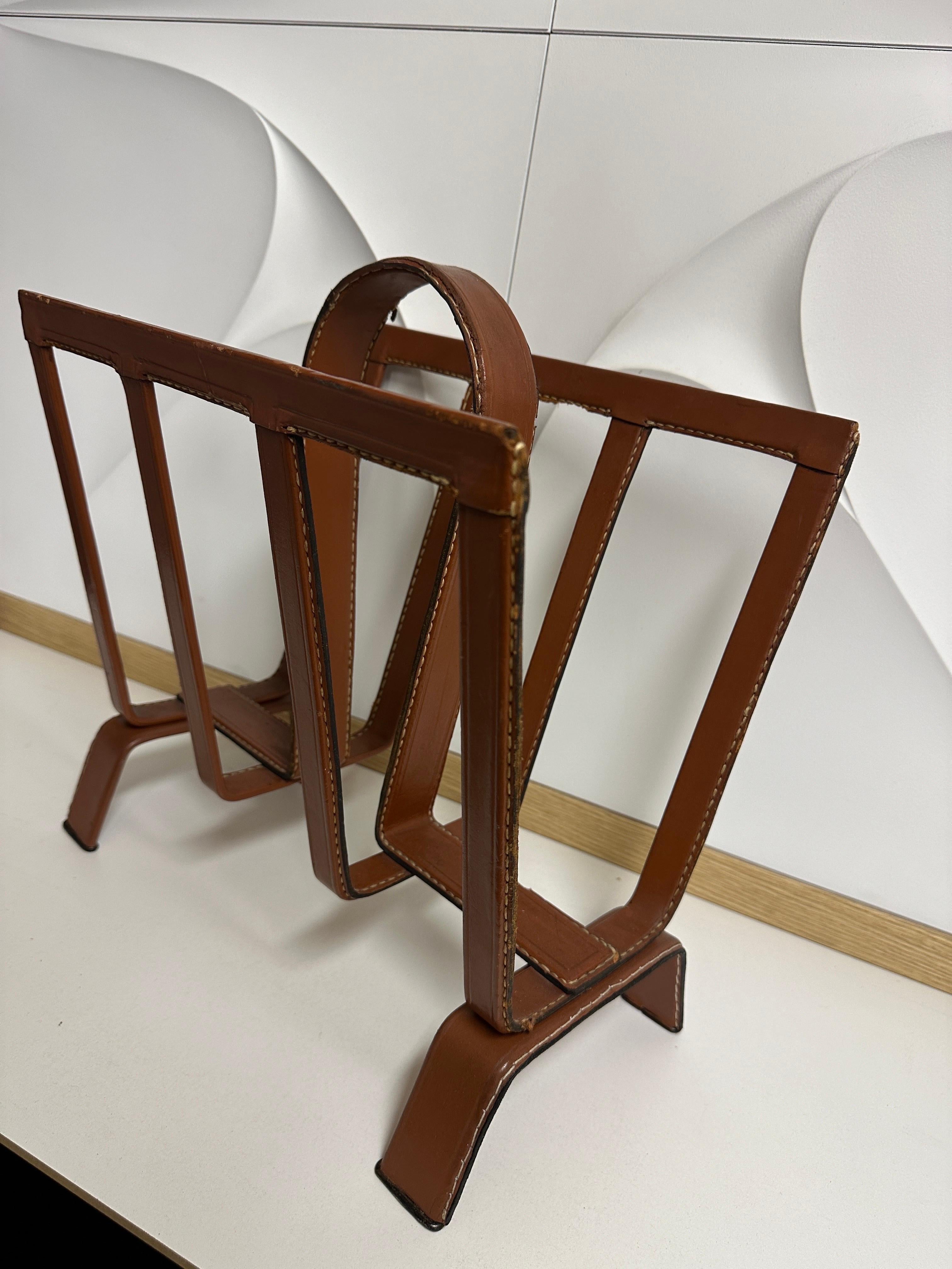 French Stitched Leather Magazine Rack For Sale